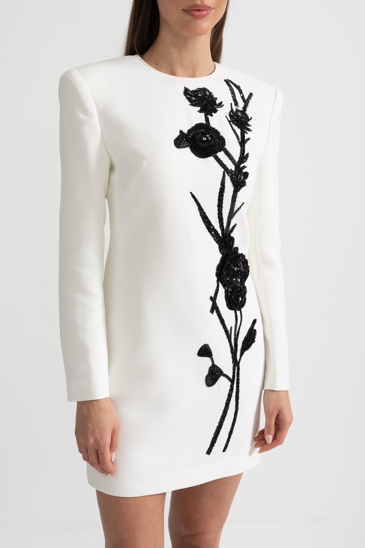 Long Sleeved Mini Dress With Contrasting Floral Embroidery - White - View 8