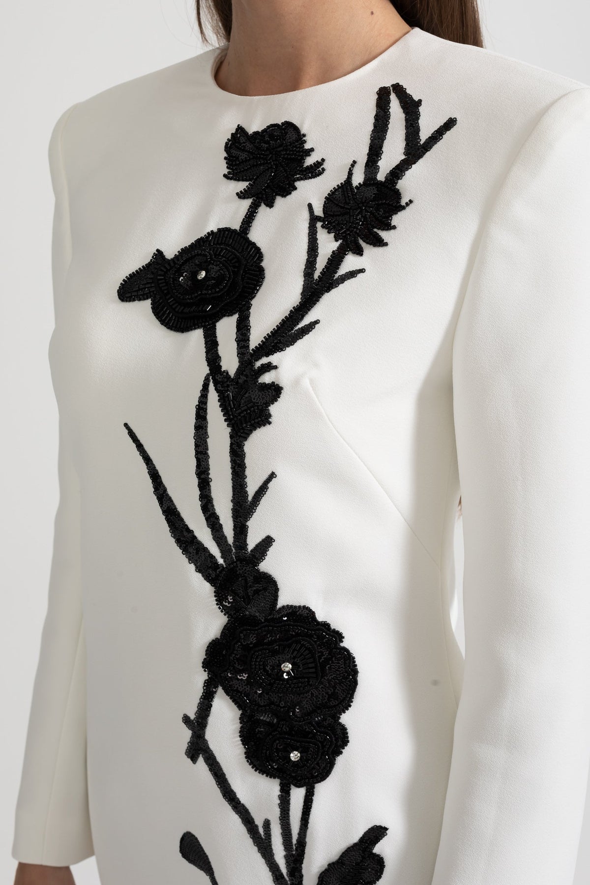 Long Sleeved Mini Dress With Contrasting Floral Embroidery - White - View 12