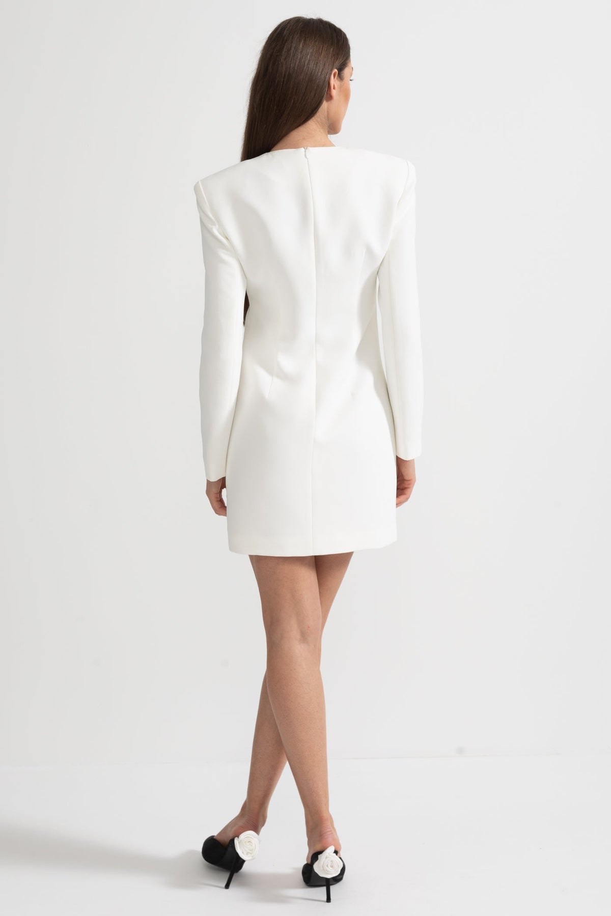 Long Sleeved Mini Dress With Contrasting Floral Embroidery - White - View 14