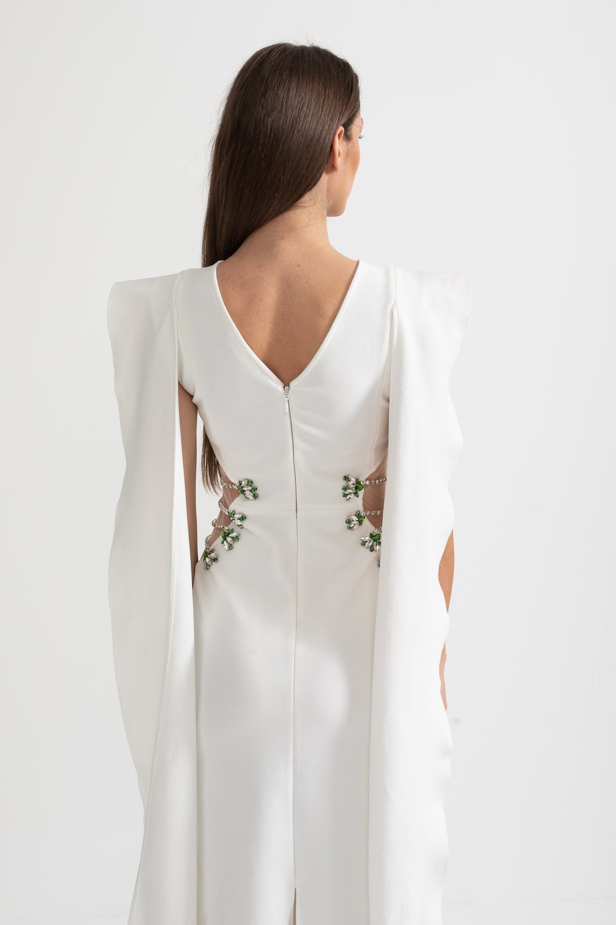 Cut Out Side Crystal Floral Ruffle Cape Back Sleeveless Maxi Gown - View 7