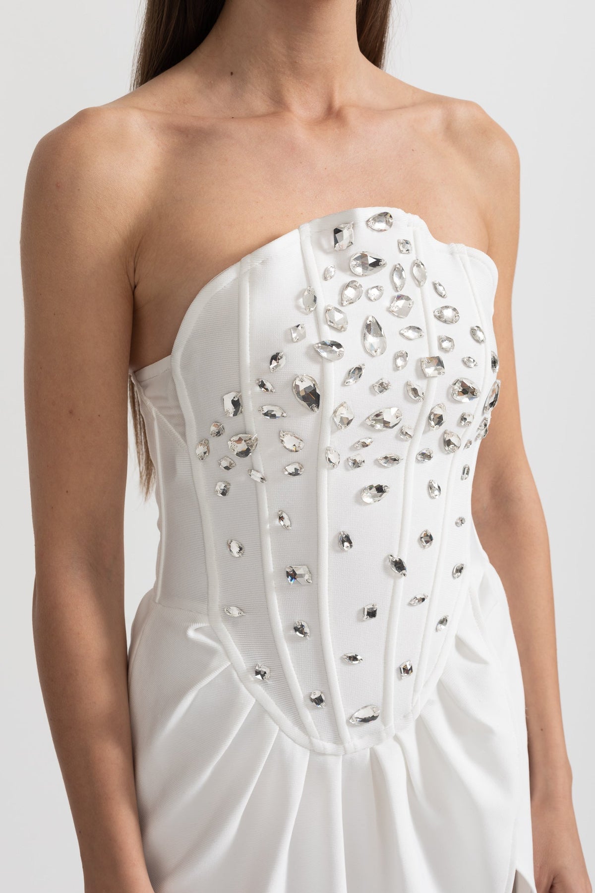 Strapless Corset Rhinestone Draped Wrap High Split Maxi Gown - View 7