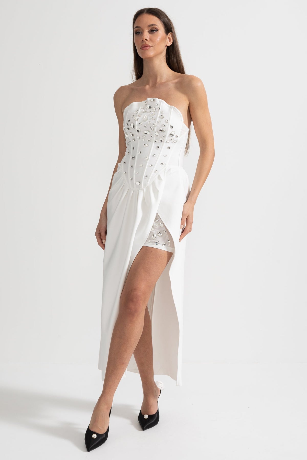 Strapless Corset Rhinestone Draped Wrap High Split Maxi Gown - View 10