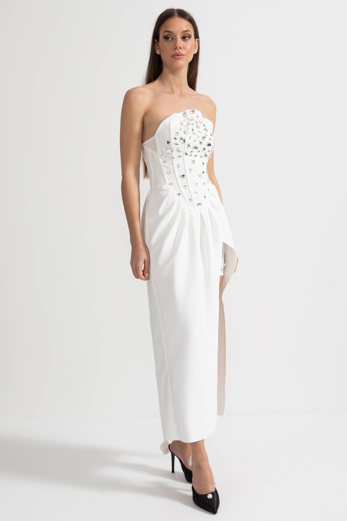 Strapless Corset Rhinestone Draped Wrap High Split Maxi Gown - View 4