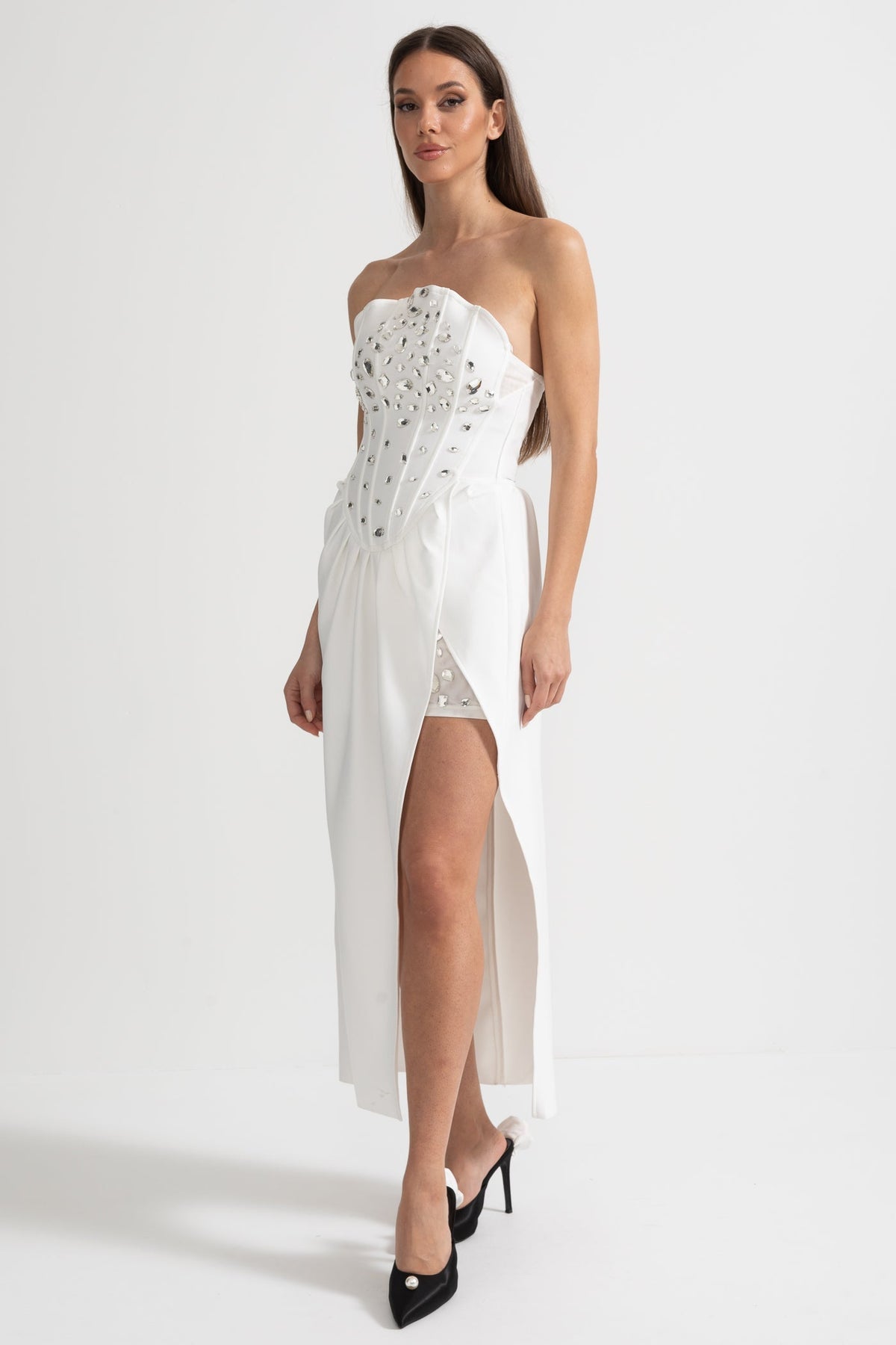 Strapless Corset Rhinestone Draped Wrap High Split Maxi Gown - View 5