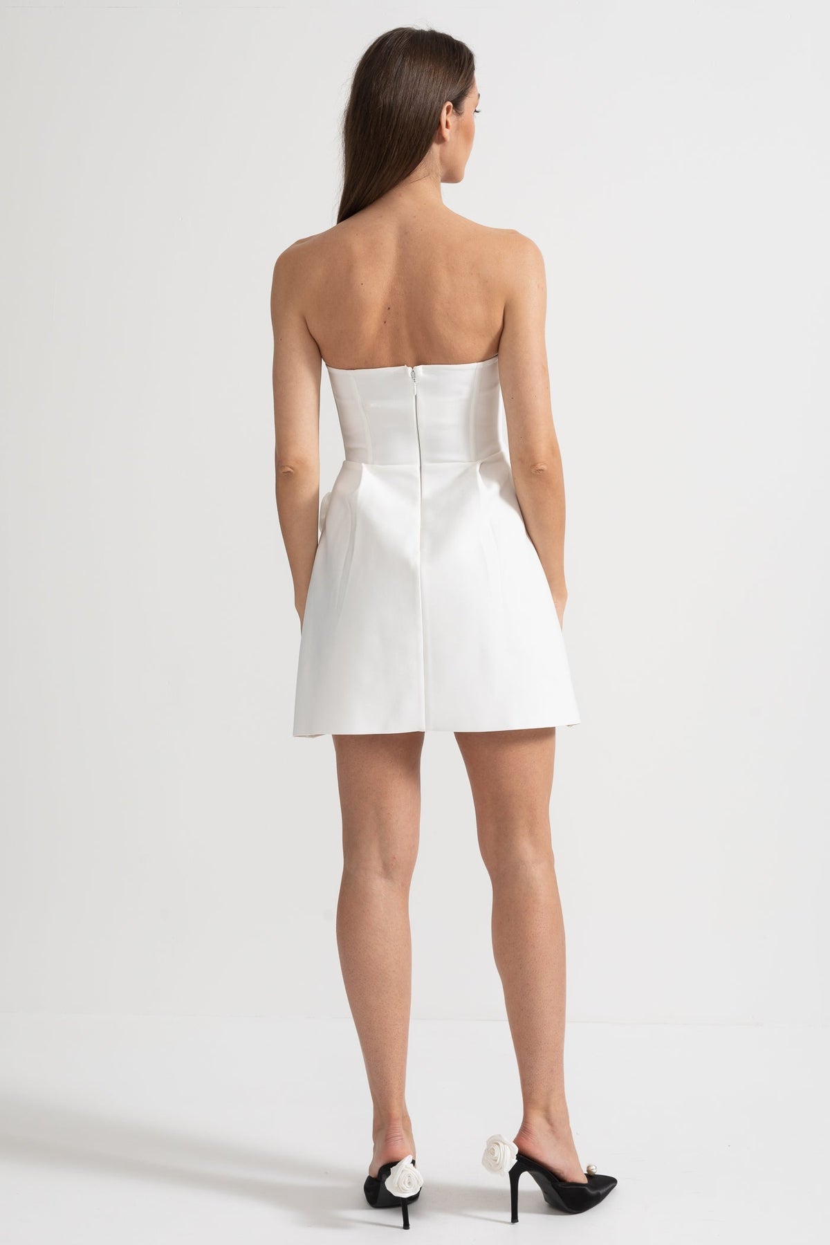 Strapless Mini Dress with Sculptural Floral Appliqués - White - View 7