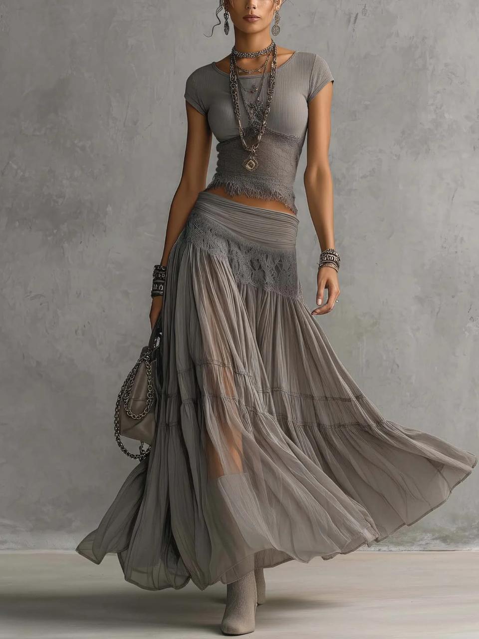 Cap Sleeve Top and Lace Panel Tiered Maxi Skirt Two Piece Set