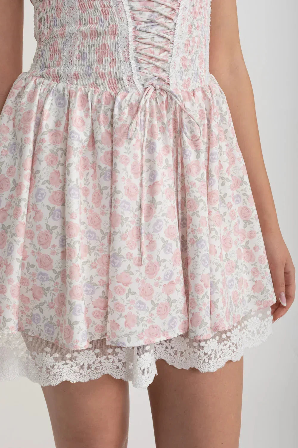 Floral Print Square Neck Lace Up Corset Lace Trim Mini Dress - View 5