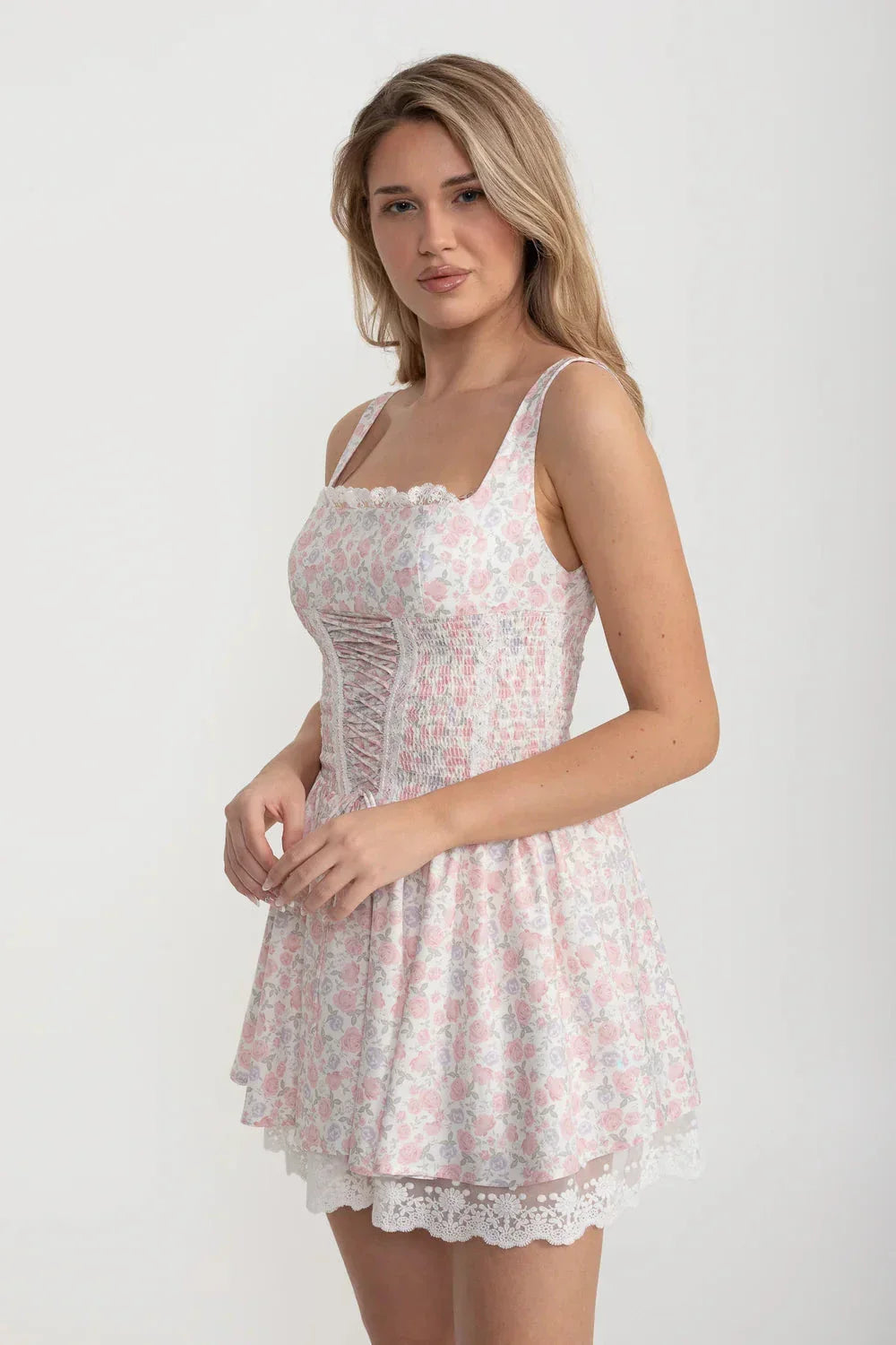 Floral Print Square Neck Lace Up Corset Lace Trim Mini Dress - View 2