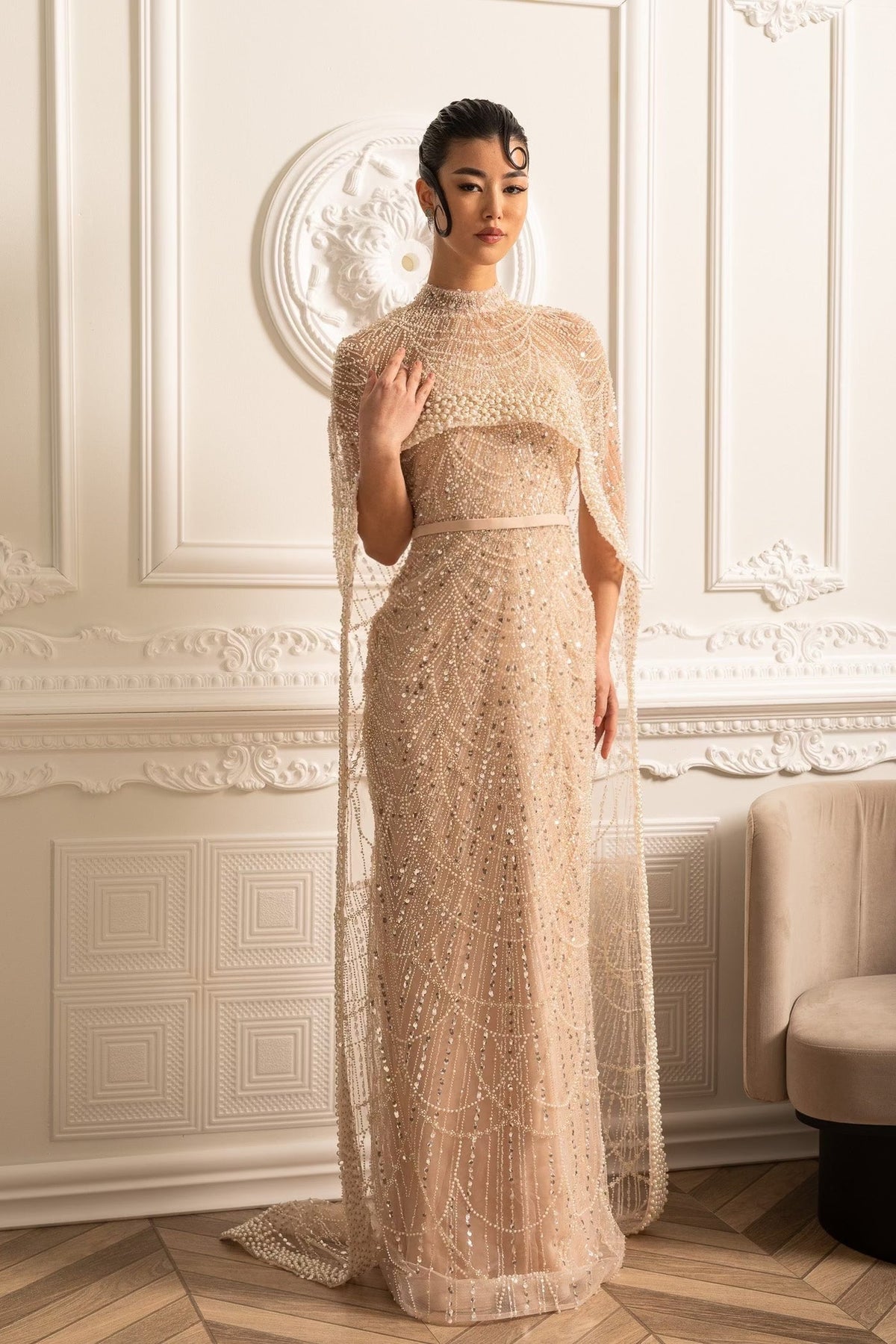 Scalloped Pearl Trim Beaded Mesh Cape Overlay Column Maxi Gown - View 4