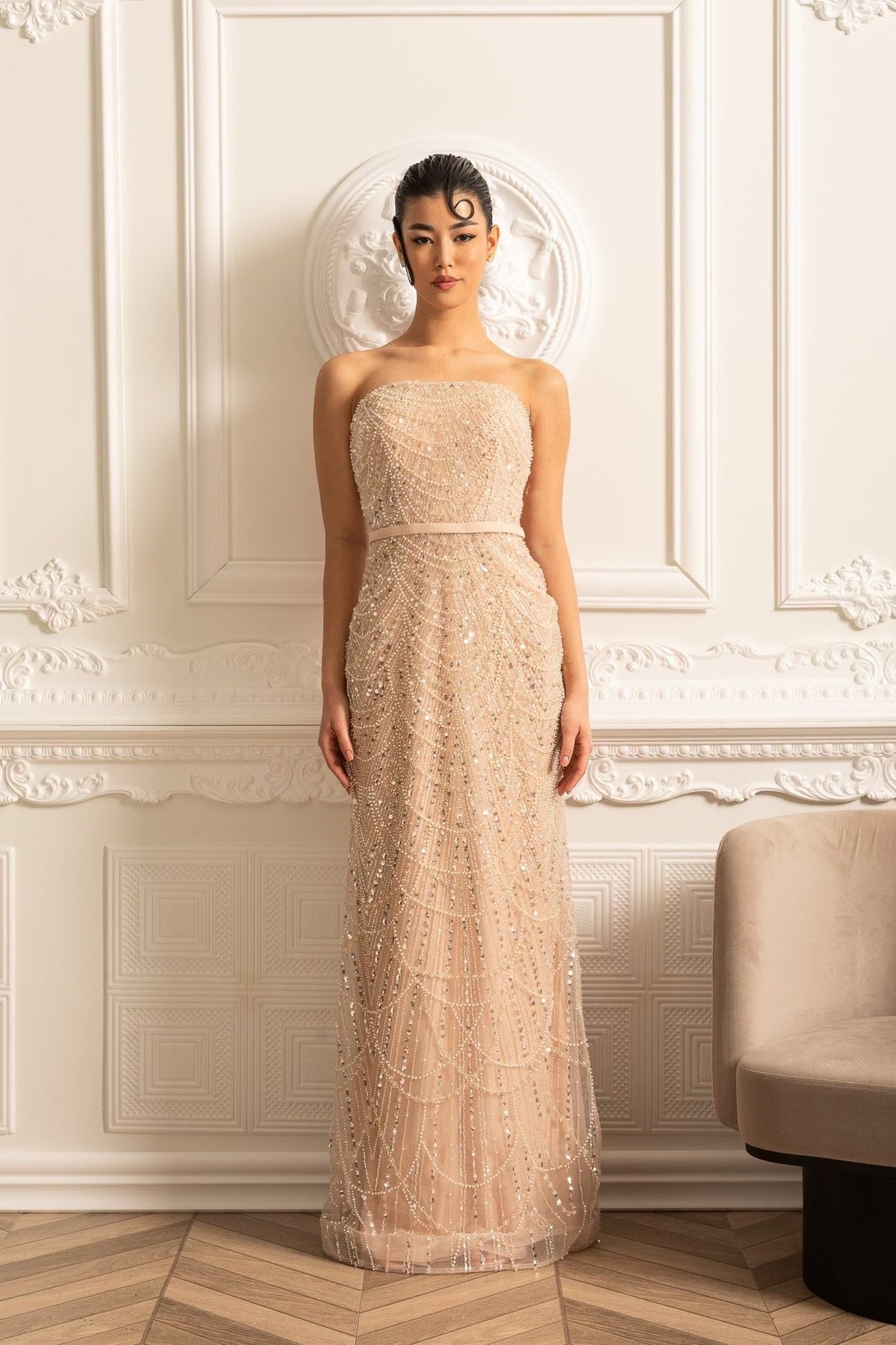 Scalloped Pearl Trim Beaded Mesh Cape Overlay Column Maxi Gown - View 2
