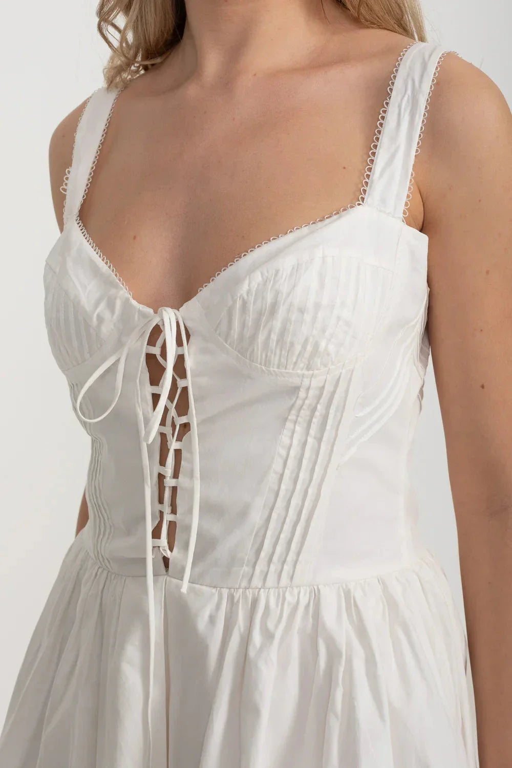 Corset Style Sleeveless Dress With Lace-Up Front Detailing - White - View 5