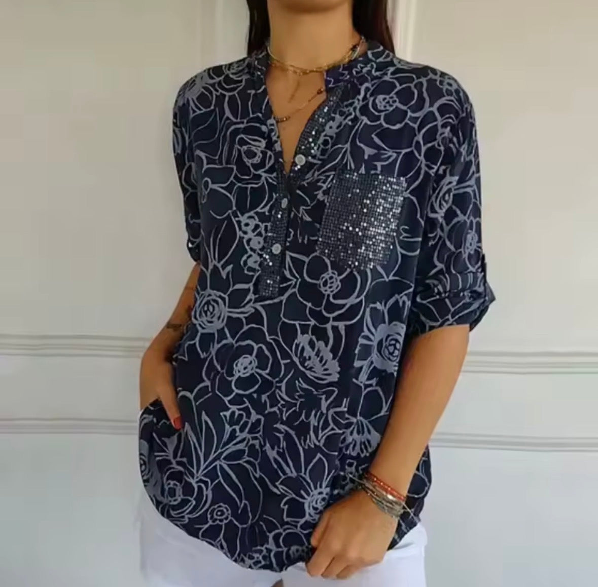 Floral Print Sequin Pocket Notch Neck Long Sleeve Blouse 2