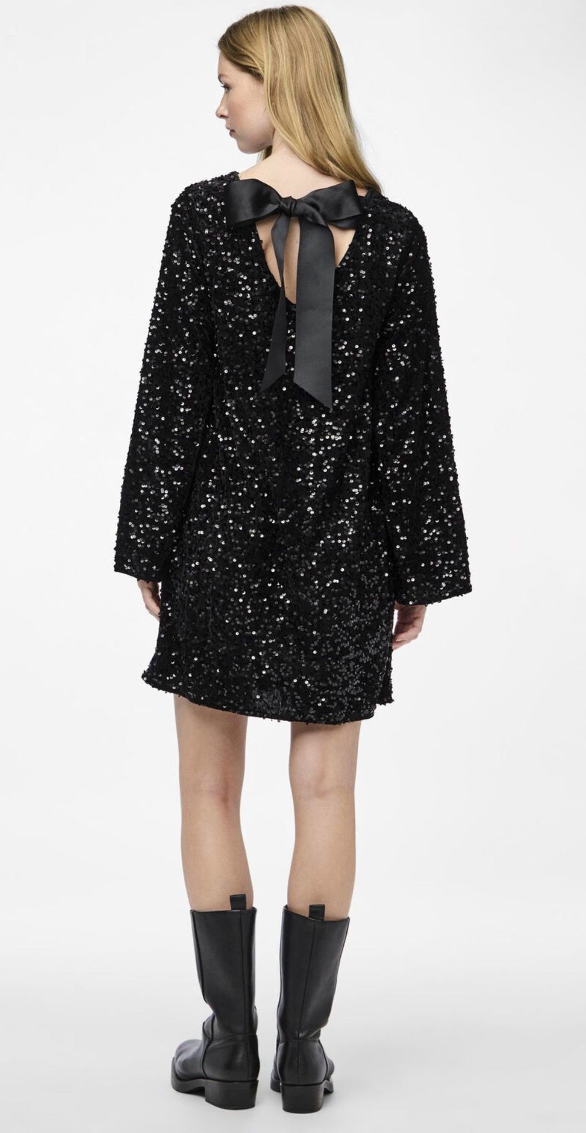 Sequin Long Sleeve Open Back Oversized Bow Back Mini Party Dress - View 5