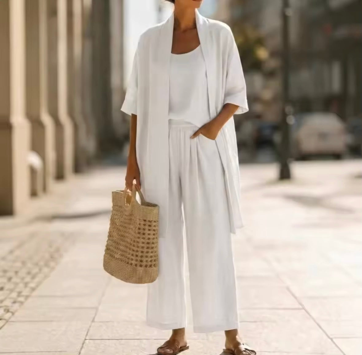 Open Front Cardigan Tank and Wide Leg Pants Three Piece Set 3