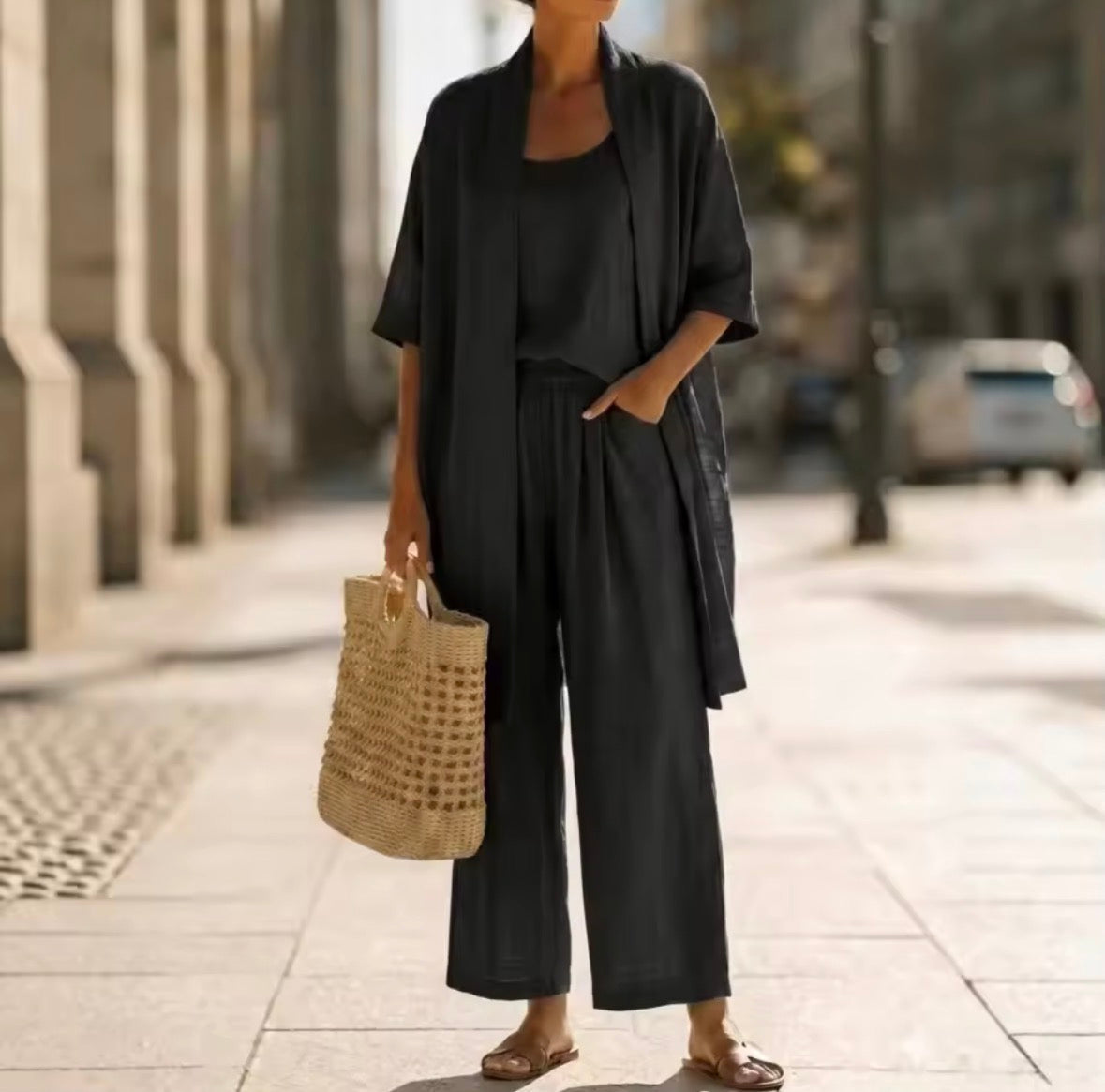 Open Front Cardigan Tank and Wide Leg Pants Three Piece Set 4