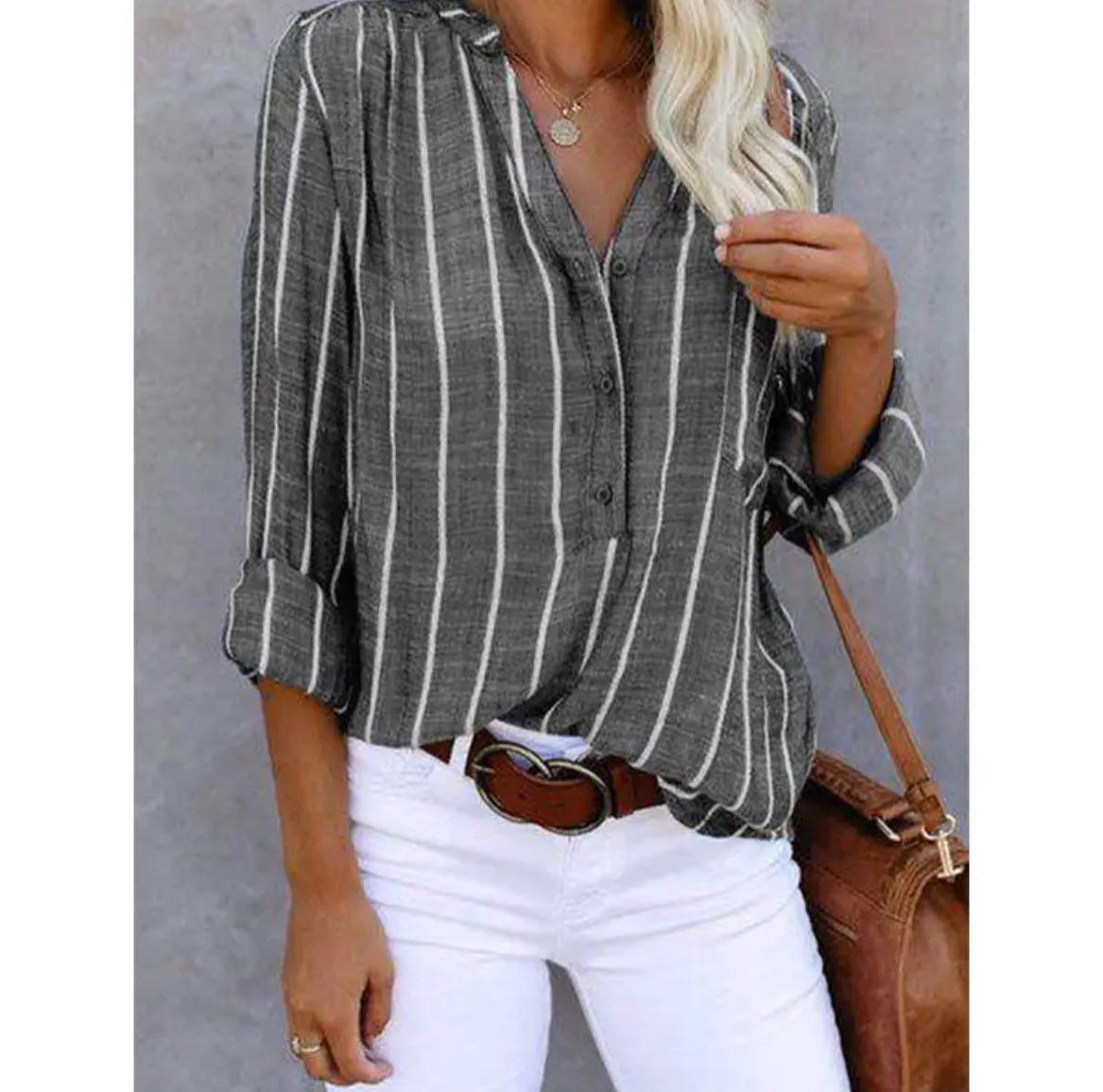 Striped Split Neck Long Sleeve Blouse 3