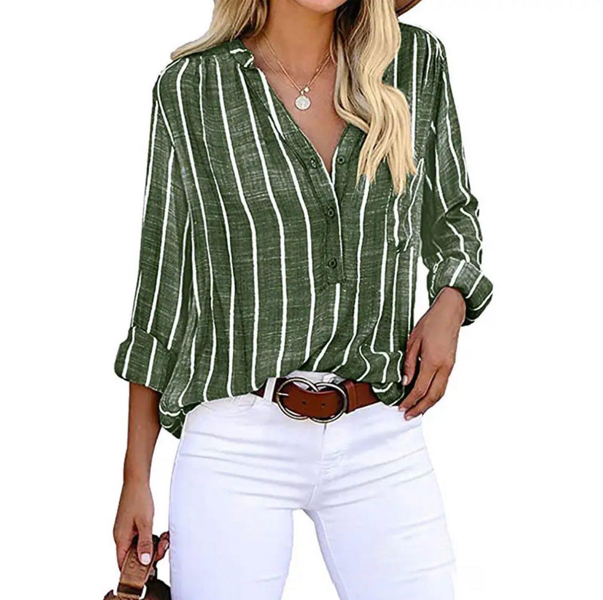 Striped Split Neck Long Sleeve Blouse 13