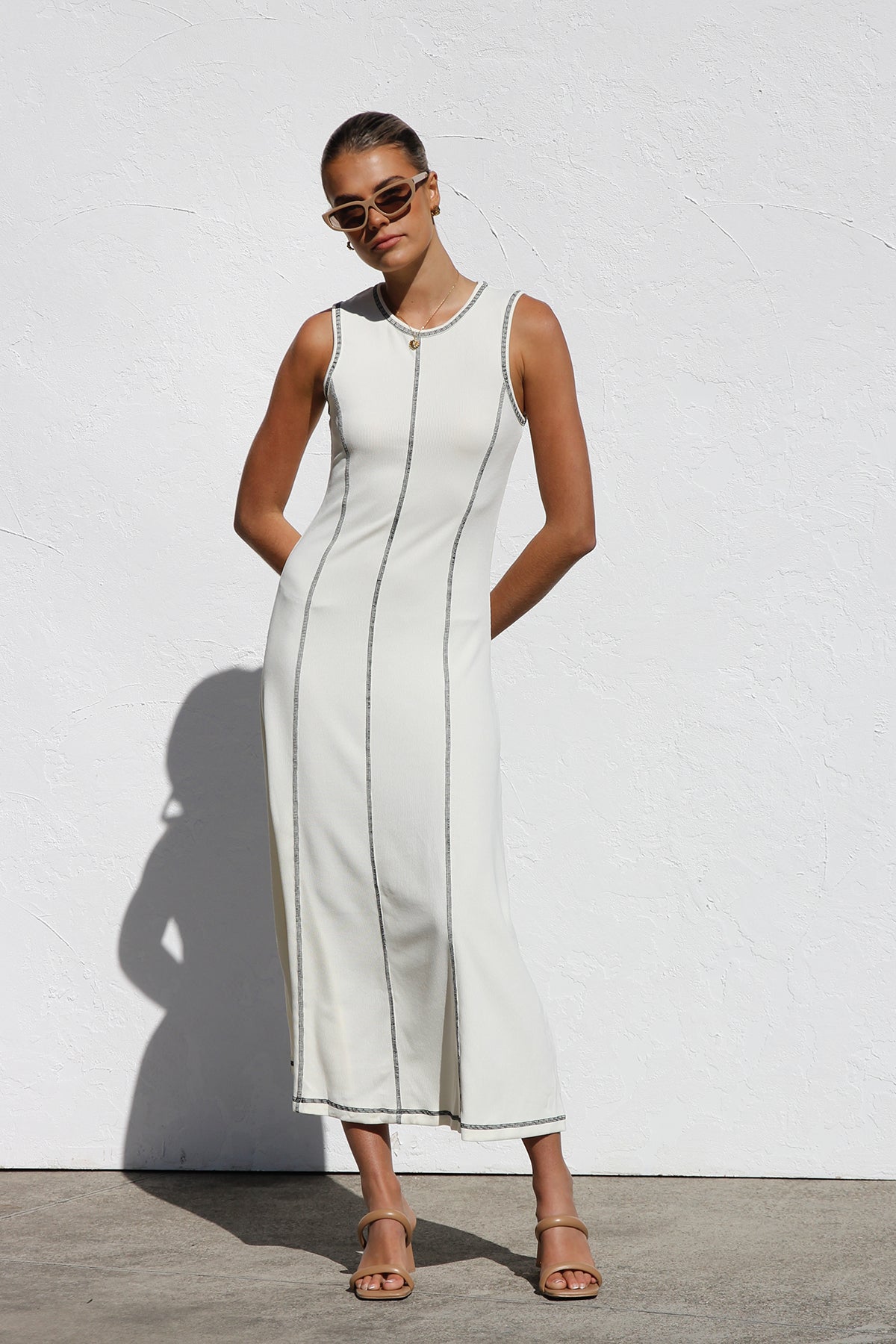 Ribbed Knit Sleeveless Crew Neck Contrast Stitch Column Maxi Dress - View 2