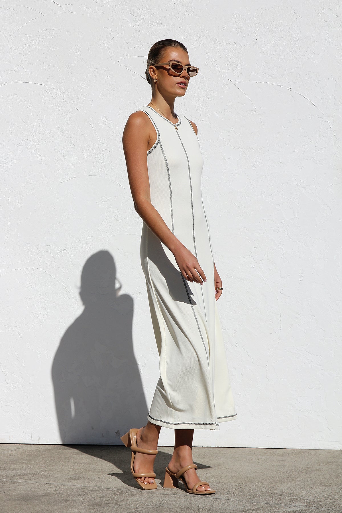 Ribbed Knit Sleeveless Crew Neck Contrast Stitch Column Maxi Dress - View 3