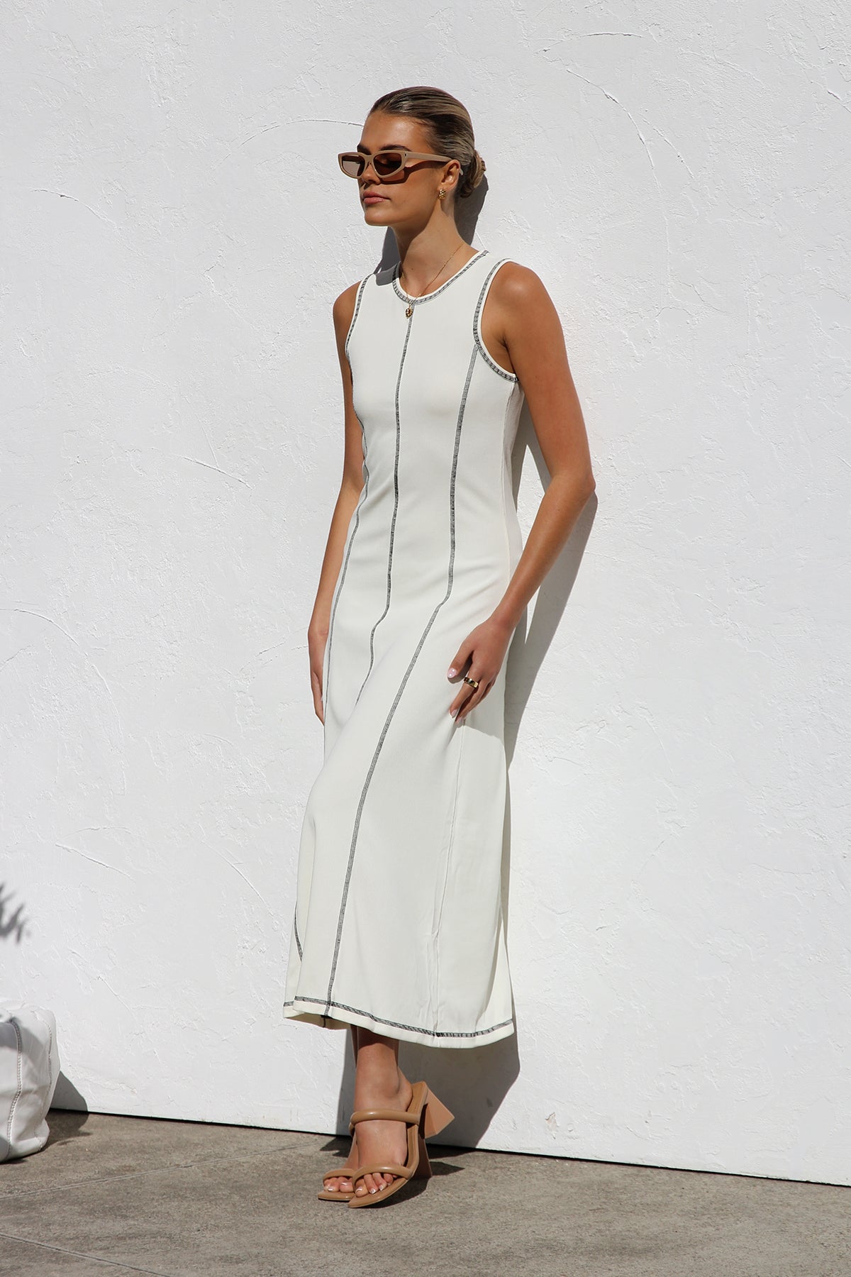 Ribbed Knit Sleeveless Crew Neck Contrast Stitch Column Maxi Dress