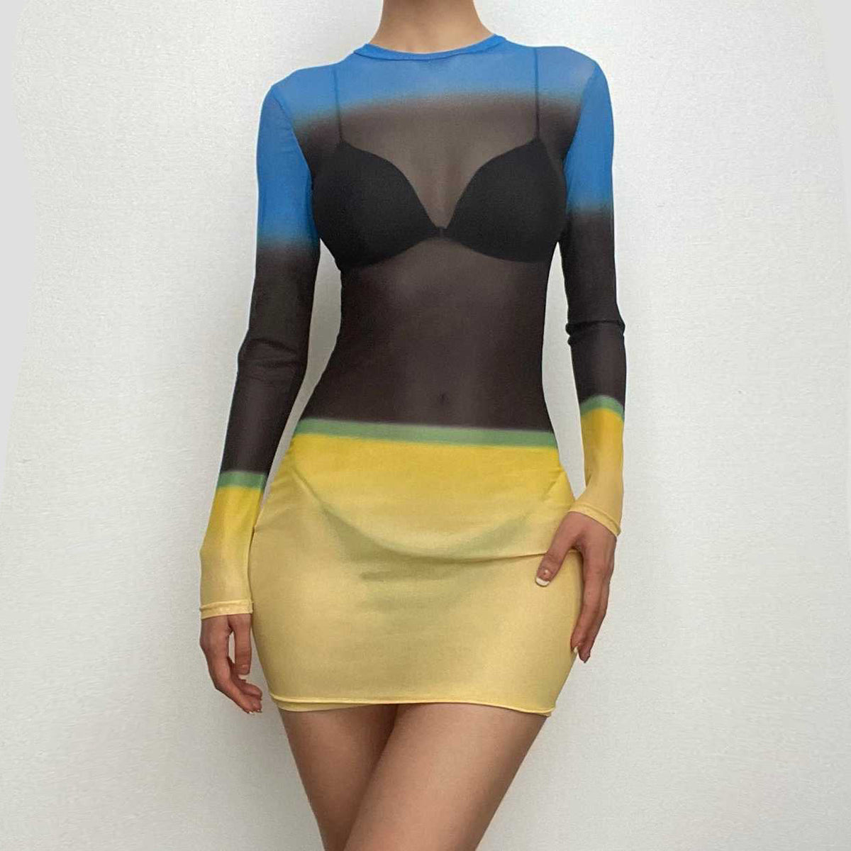Contrast sheer mesh see through long sleeve crewneck mini dress