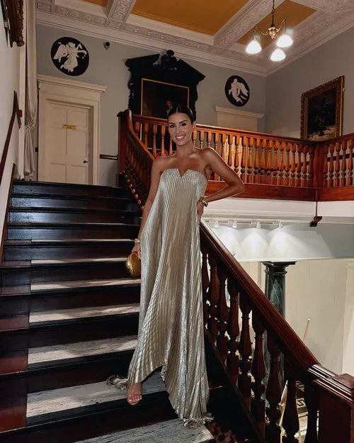 Strapless Sweetheart Pleated Metallic Maxi Dress 6