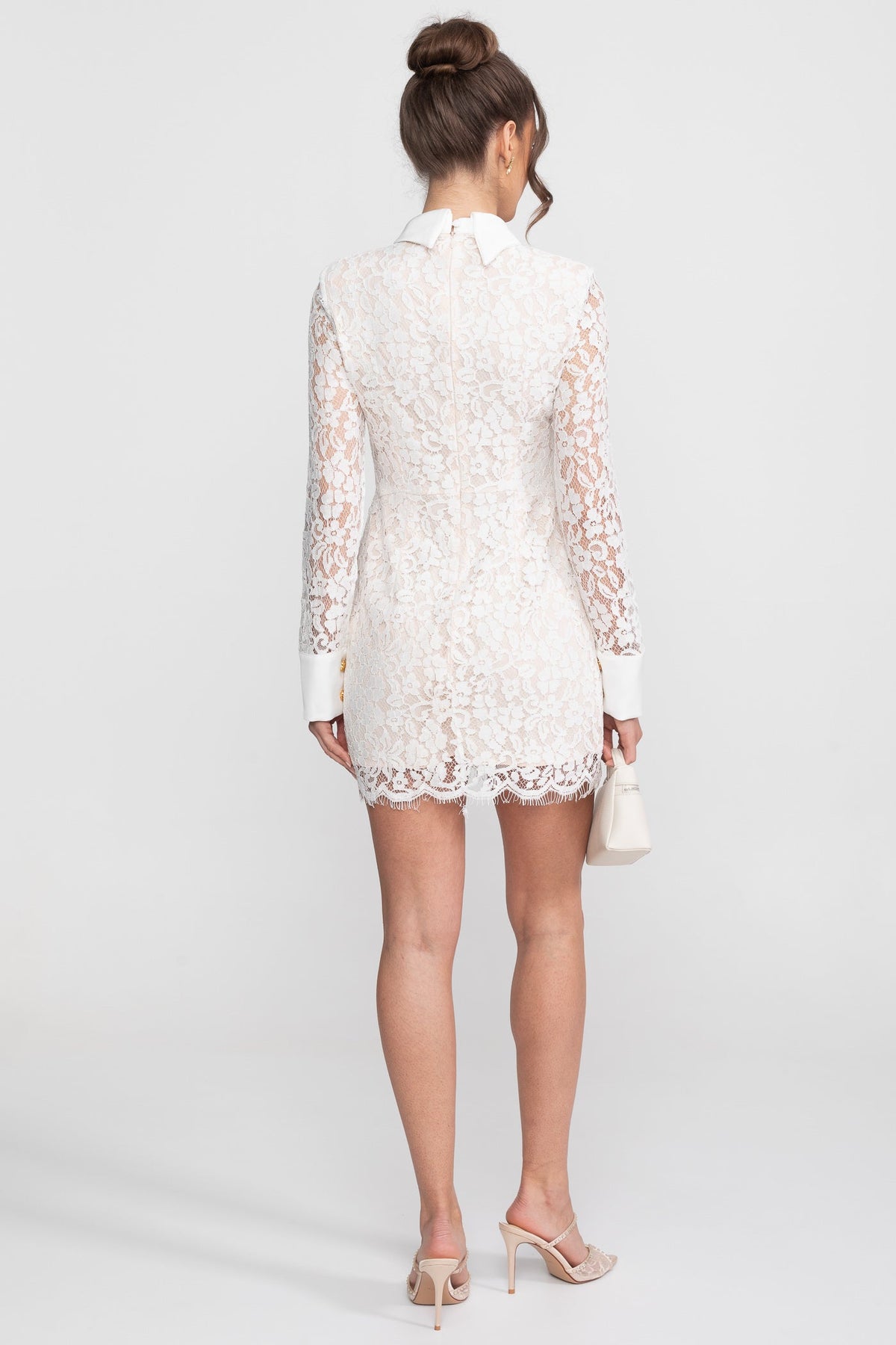 Long Sleeved Lace Mini Dress With Scallop Hem - White - View 7