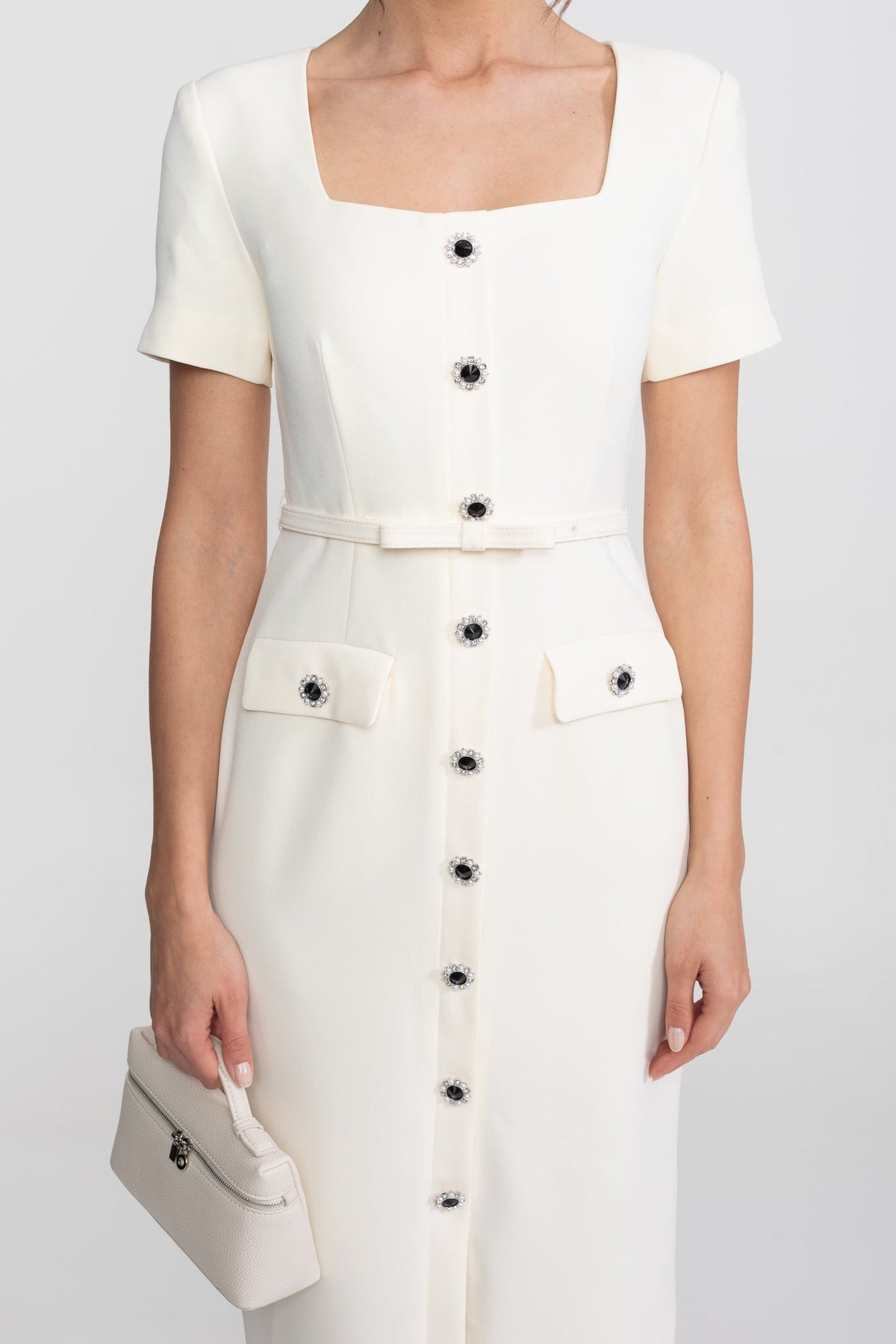Square Neck Short Sleeve Jewel Button Belted Flap Pocket Midi Dress - View 7