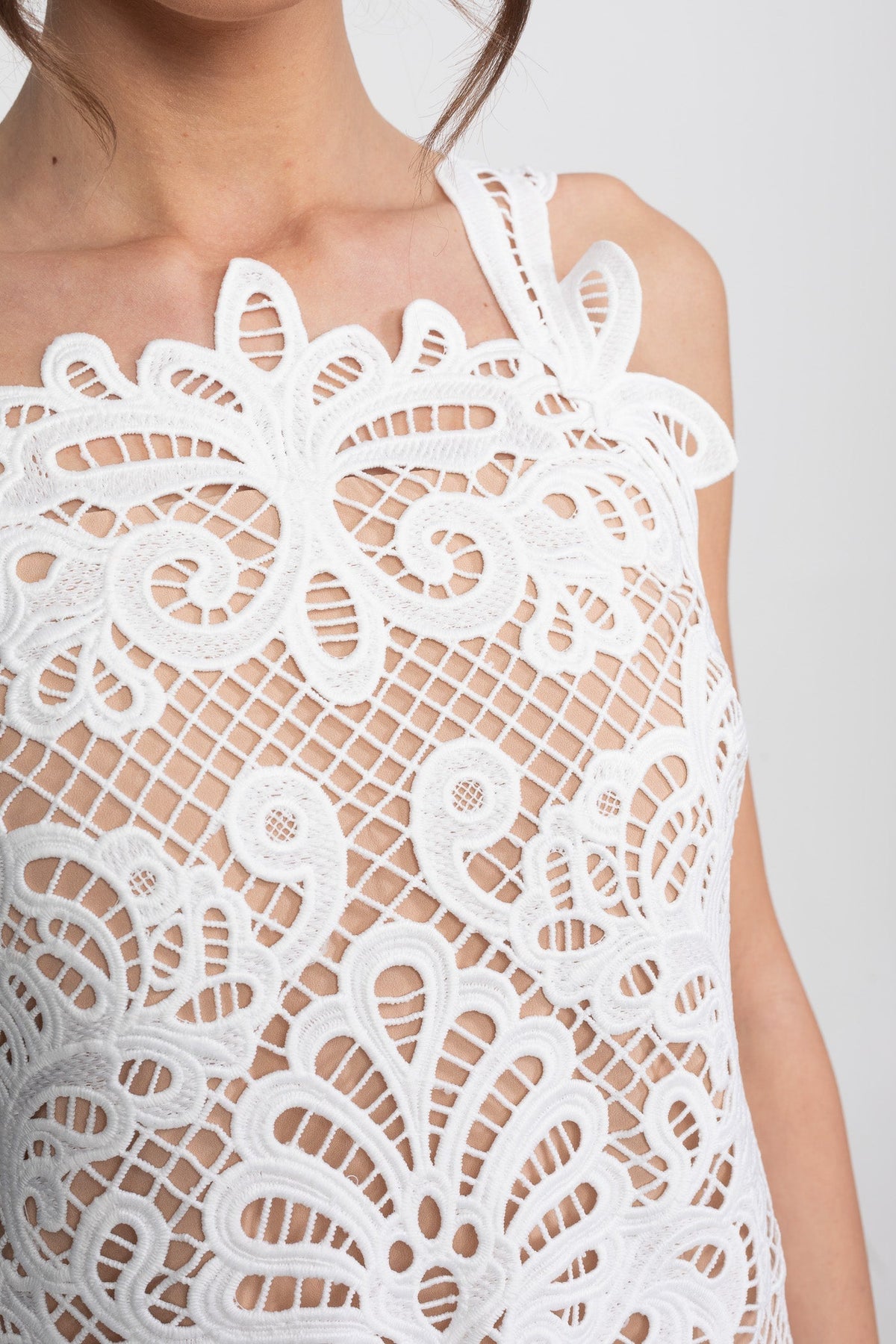 Guipure Lace Sleeveless Mini Dress With Scallop Hem - White - View 11