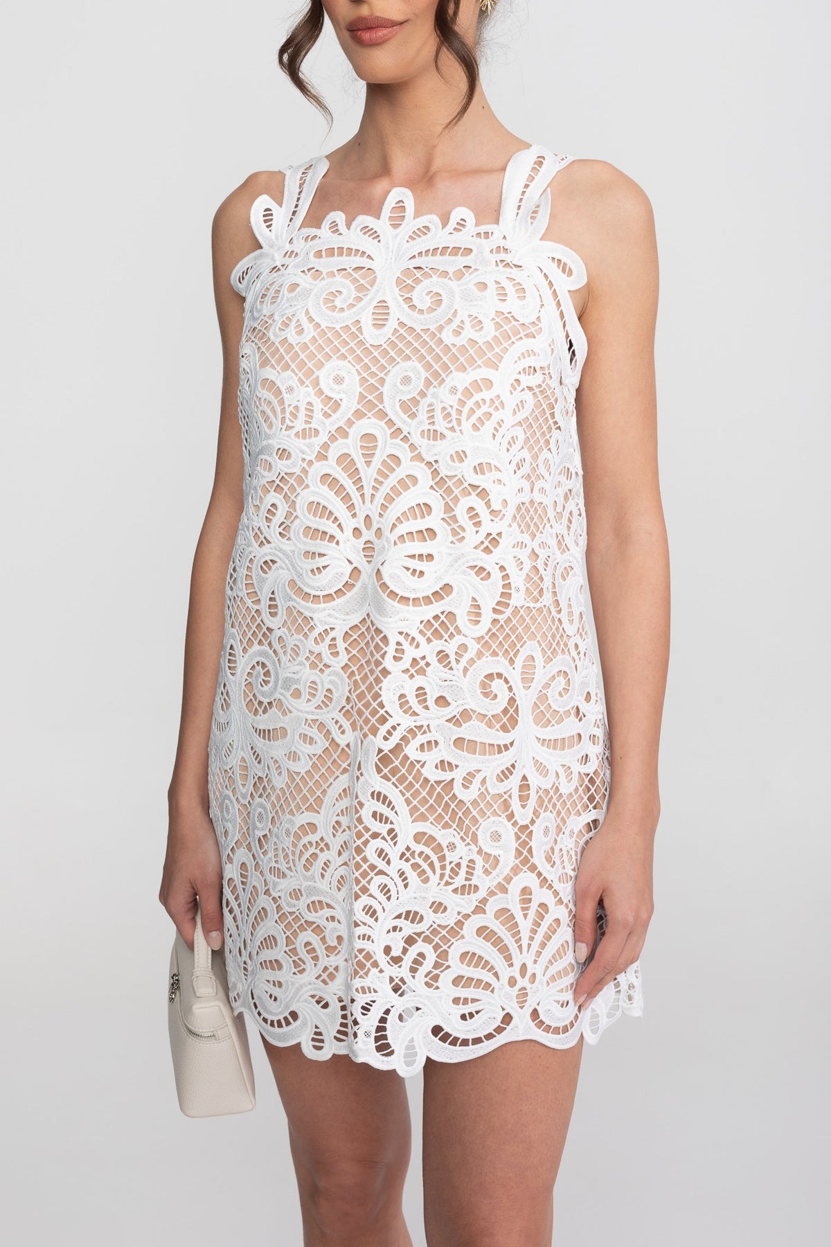 Guipure Lace Sleeveless Mini Dress With Scallop Hem - White - View 8