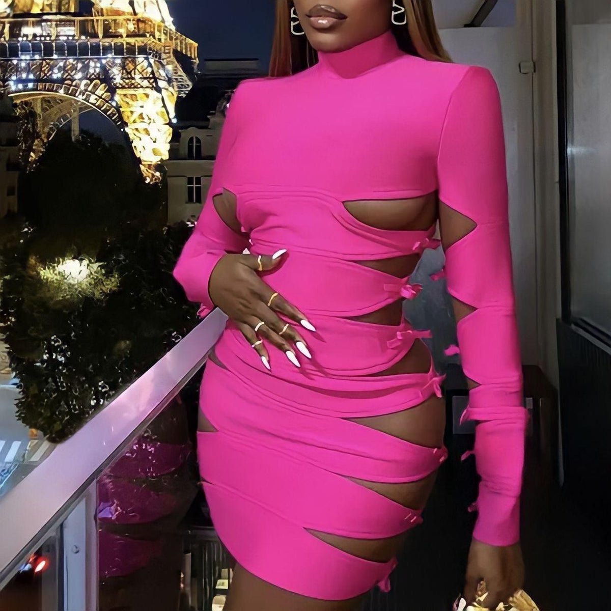 Long Sleeve Turtleneck Side Cut Out Bow Detail Bodycon Mini Dress - View 3