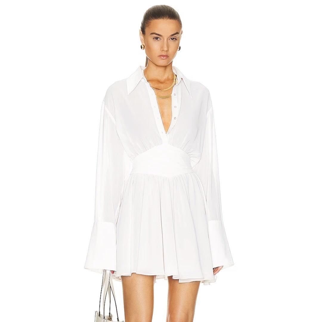 Deep V-Neck Shirt Collar Ruched Waist Bell Sleeve Mini Dress - View 7