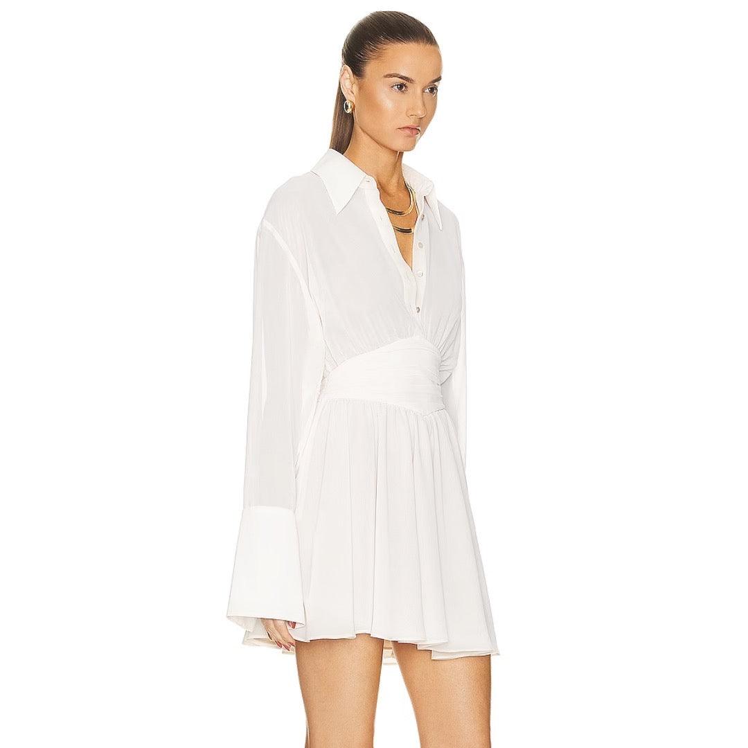 Deep V-Neck Shirt Collar Ruched Waist Bell Sleeve Mini Dress - View 8