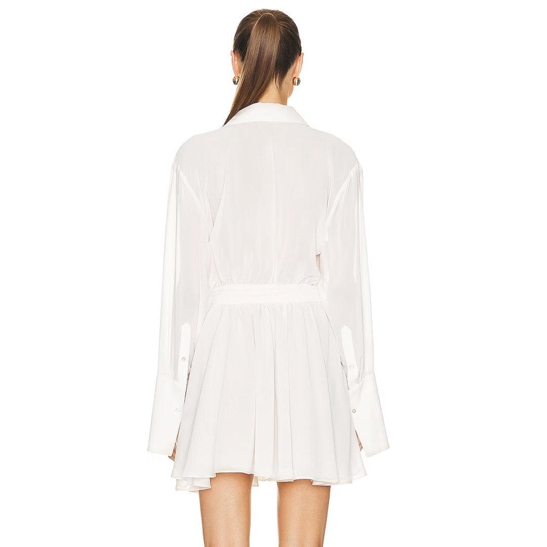 Deep V-Neck Shirt Collar Ruched Waist Bell Sleeve Mini Dress - View 9