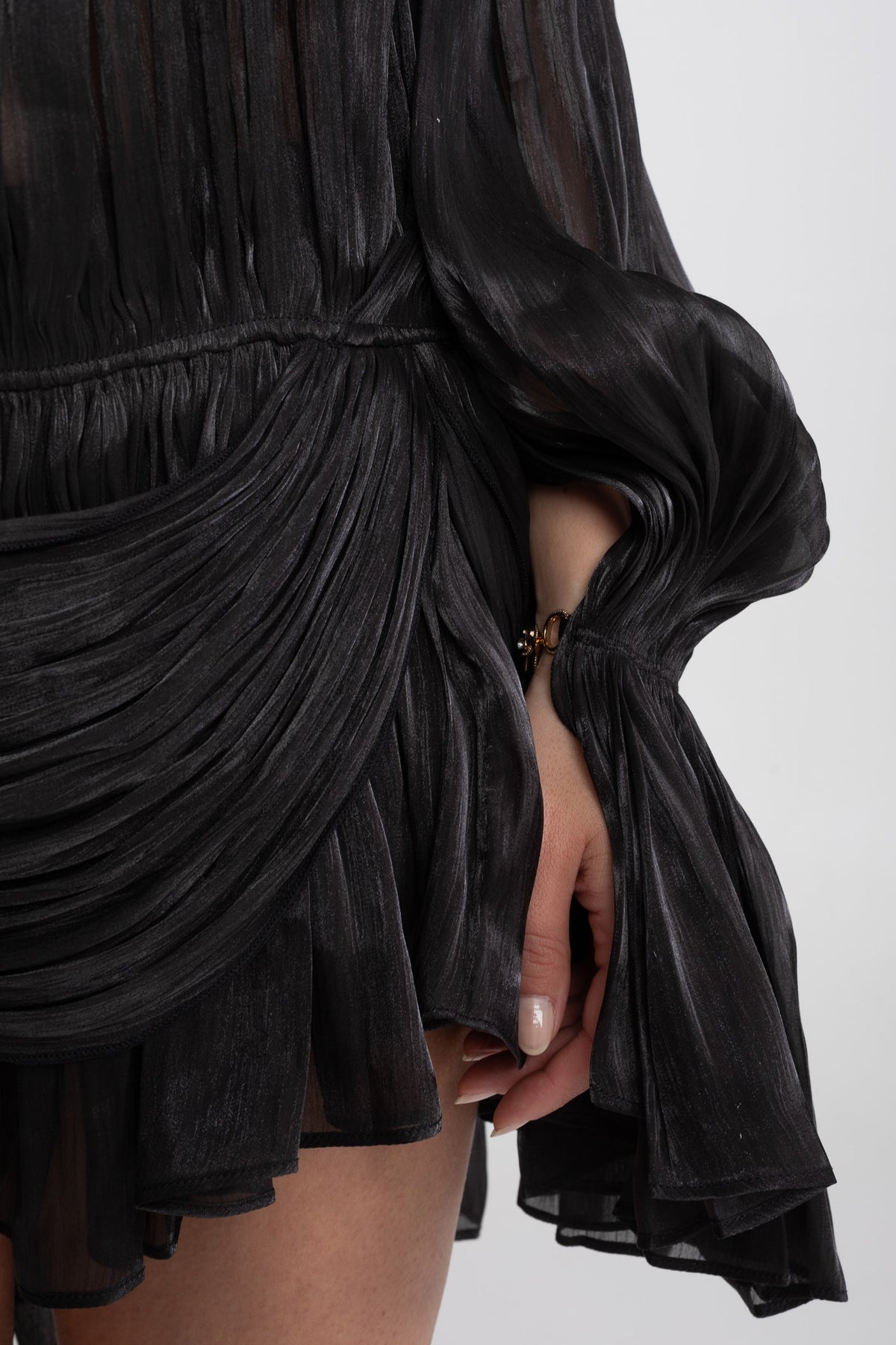 Pleated Puff Sleeve Ruffle Tier Cape Back Mini Dress - View 5