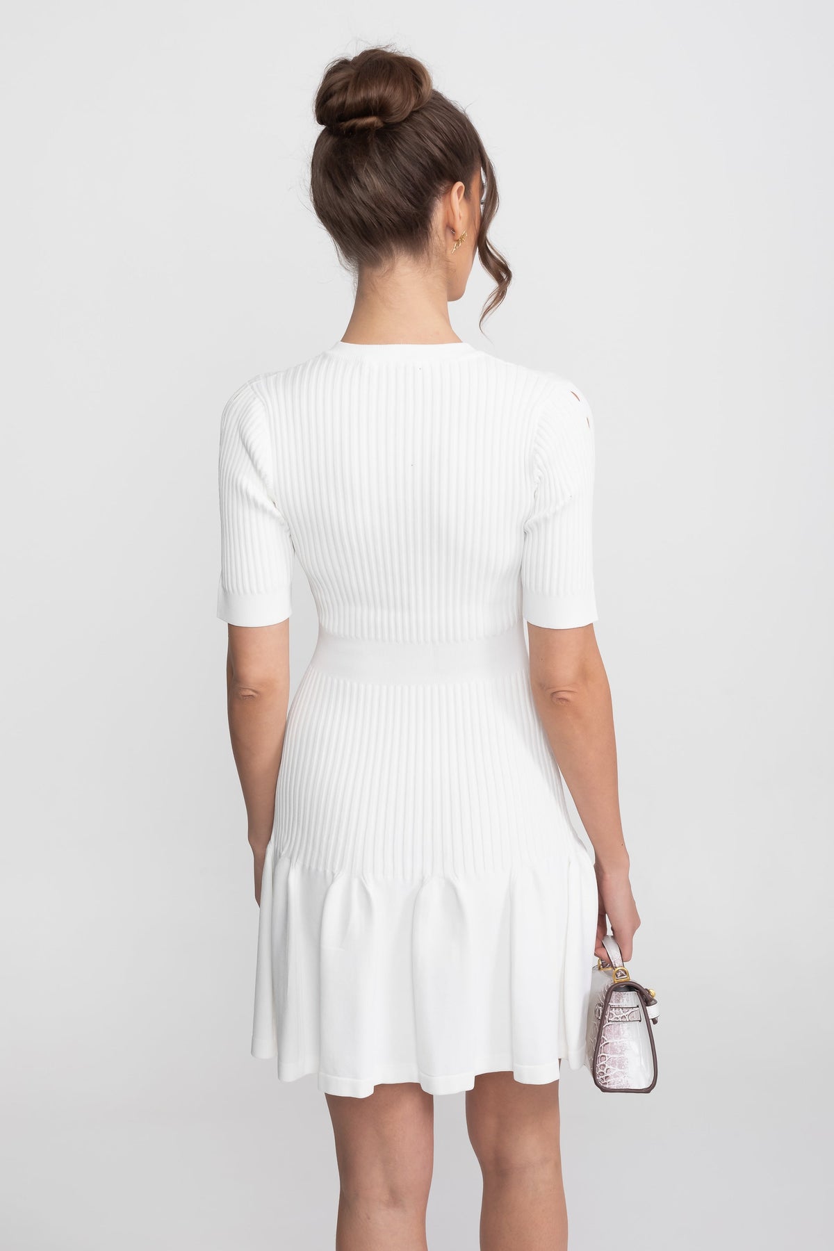 Ribbed Knit Mini Dress With Gold Button Keyhole Neckline - White - View 9