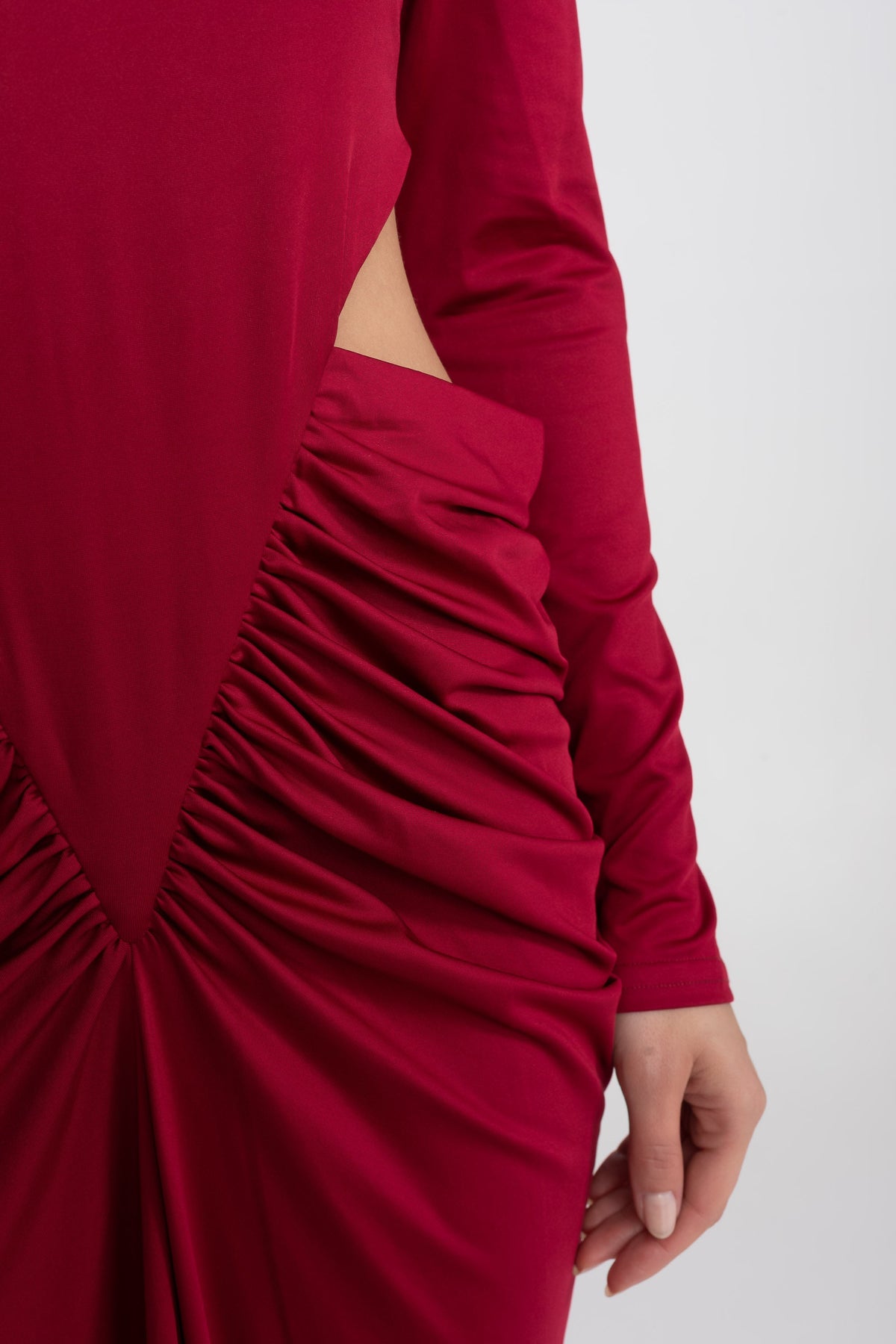 Mock Neck Long Sleeve Side Cut Out Ruched Column Maxi Gown - View 4