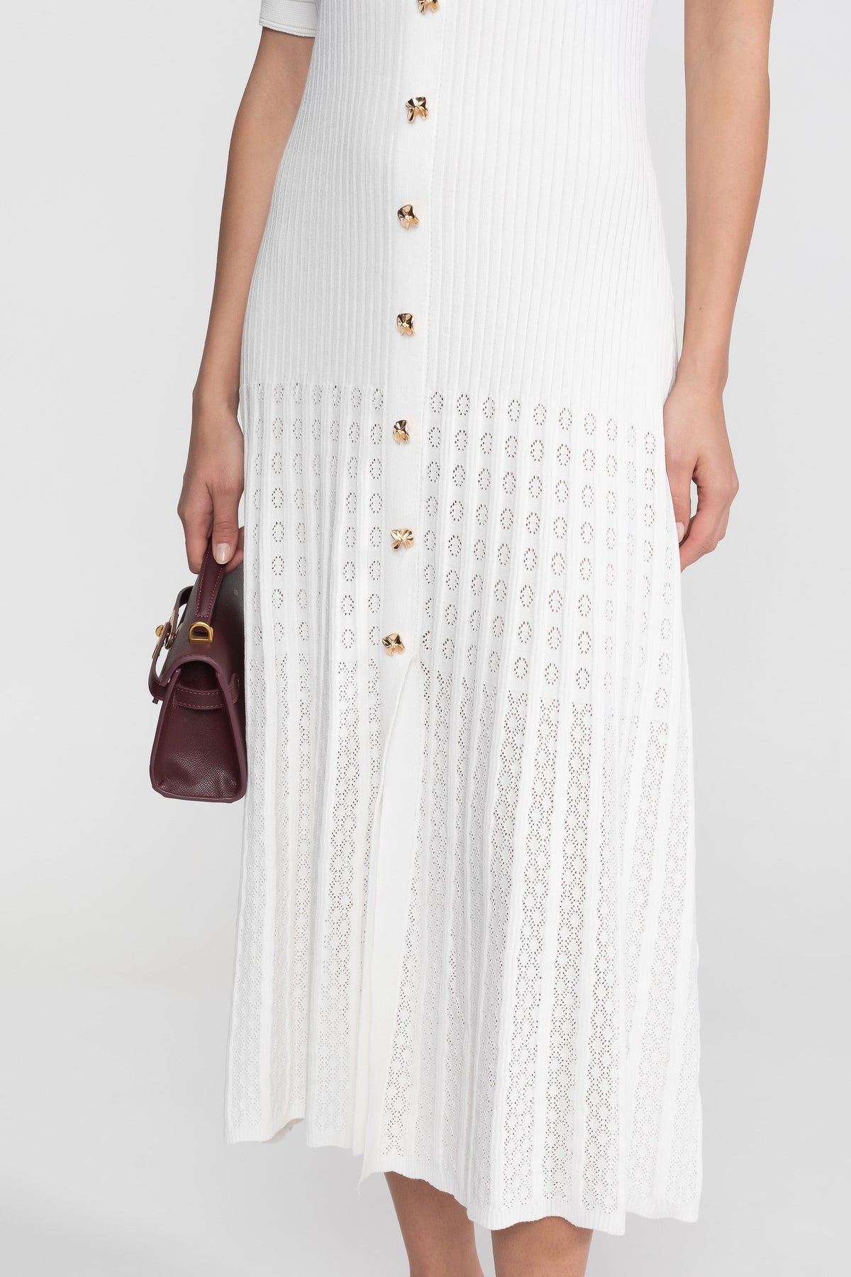 Ribbed Knit Midi Dress With Peter Pan Collar And Pleated Skirt - White - View 7