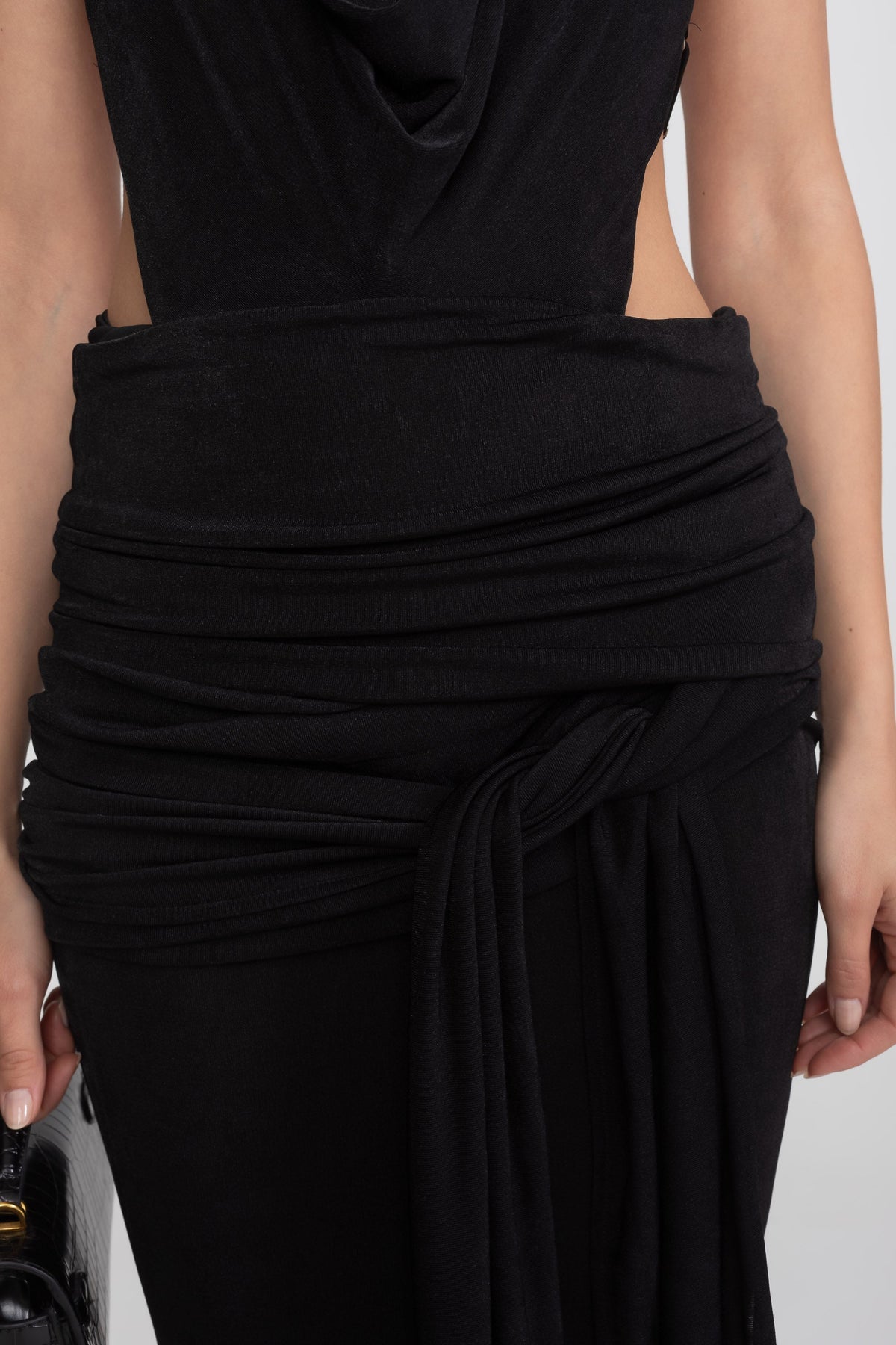 Draped Halter Gown With Ruched Side Tie Detail - Black - View 6