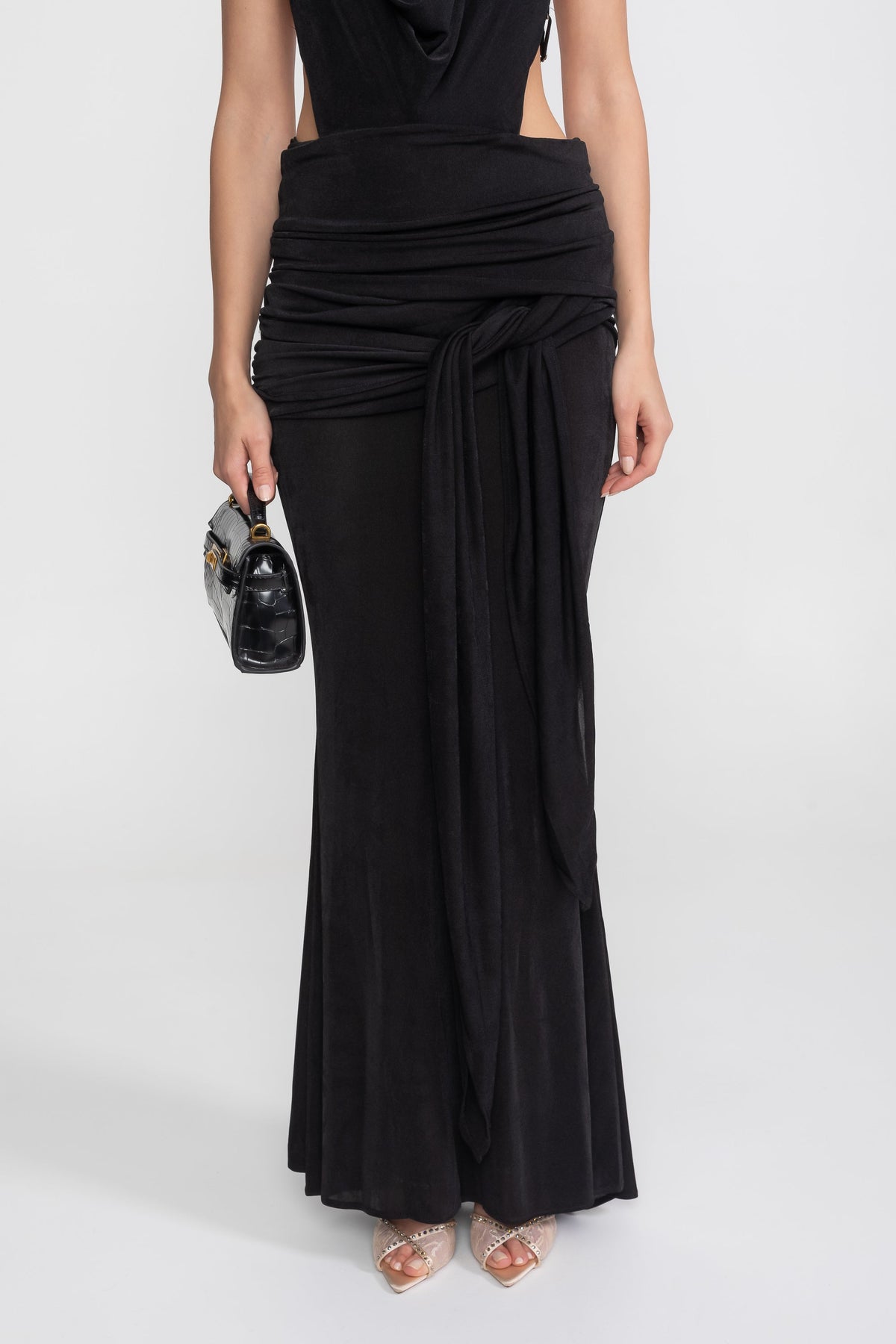 Draped Halter Gown With Ruched Side Tie Detail - Black - View 10