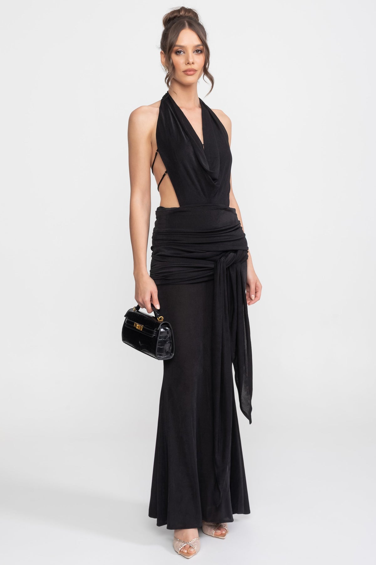 Draped Halter Gown With Ruched Side Tie Detail - Black - View 2