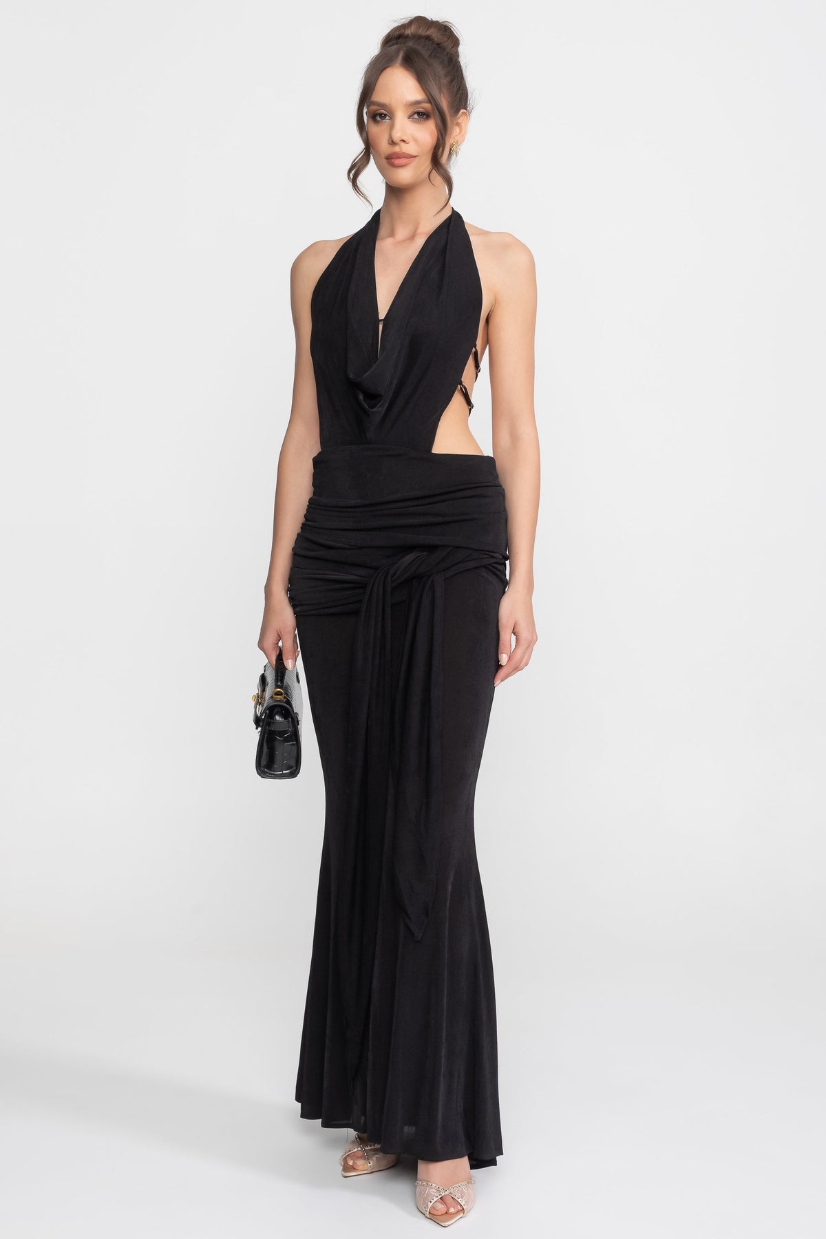 Draped Halter Gown With Ruched Side Tie Detail - Black - View 3