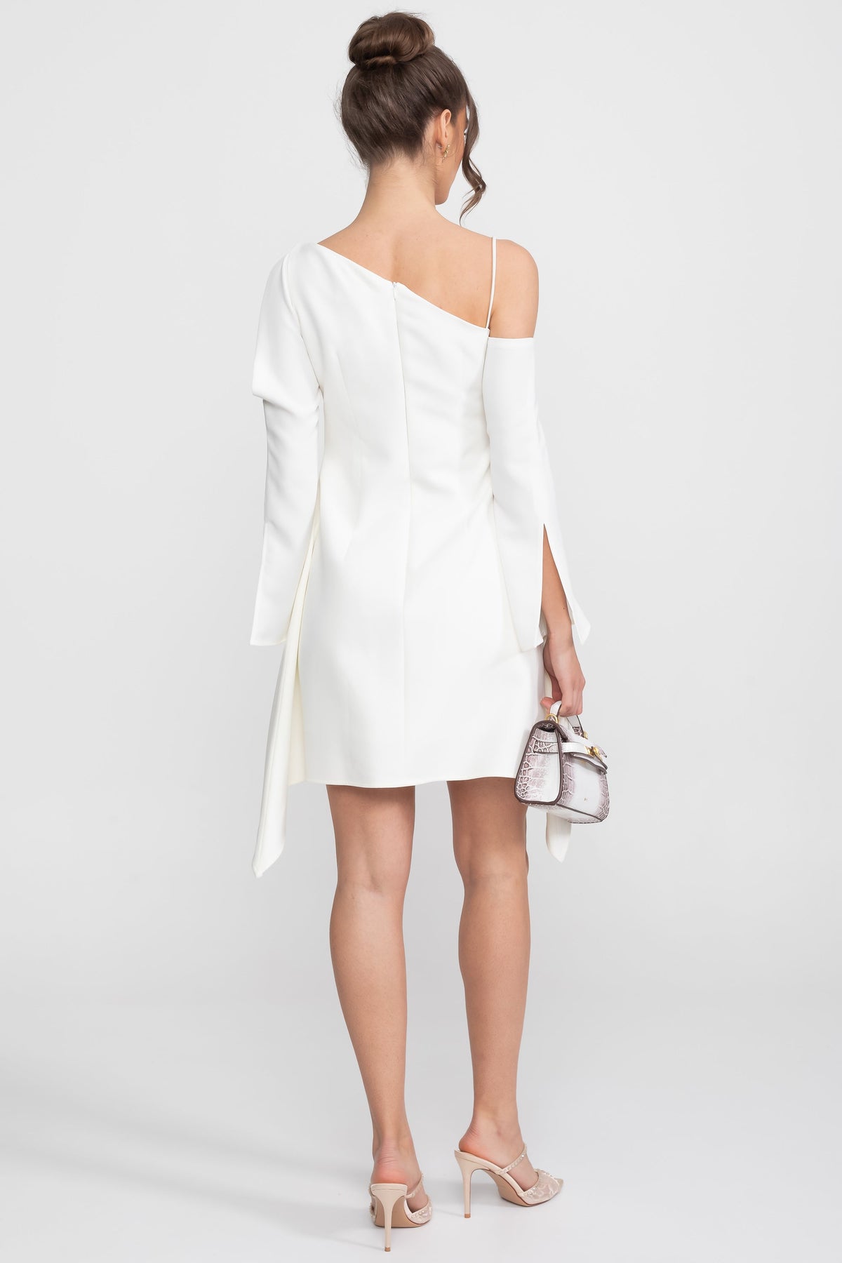 Asymmetric Cold-Shoulder Mini Dress - White - View 5