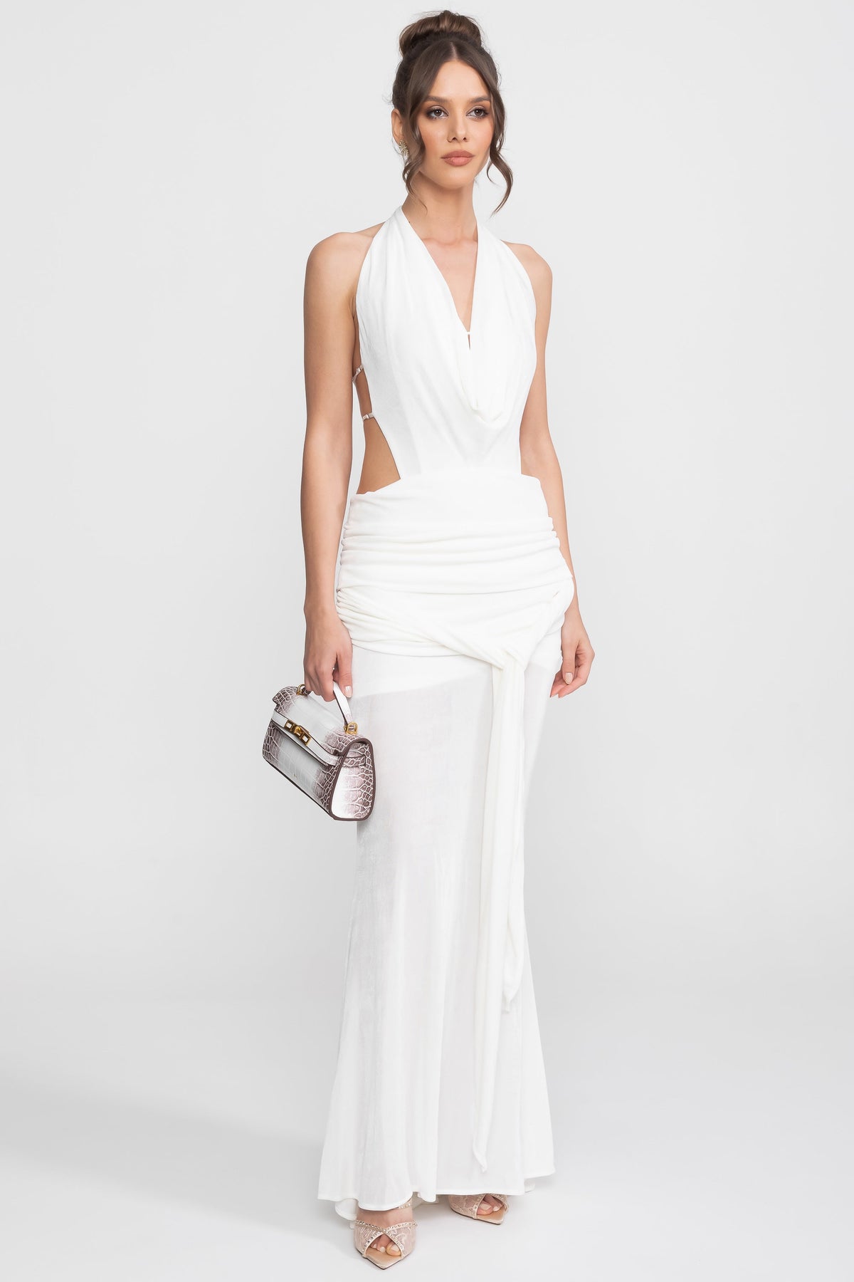 Draped Halter Gown With Ruched Side Tie Detail - White - View 8