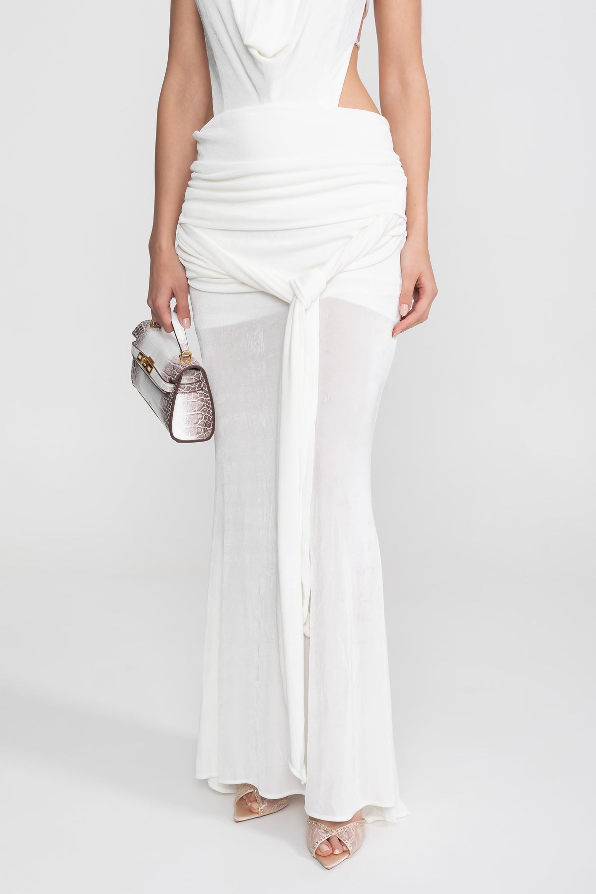 Draped Halter Gown With Ruched Side Tie Detail - White - View 13