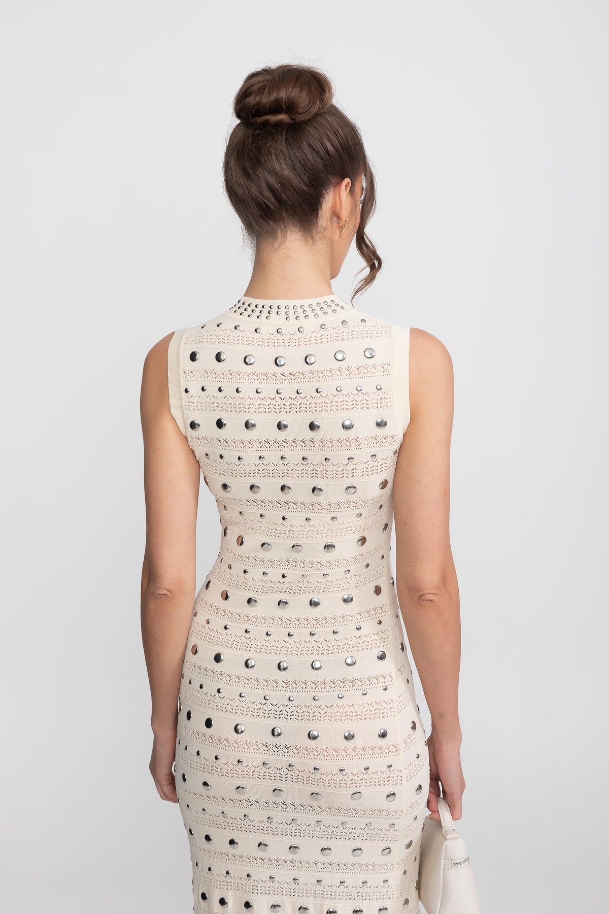 Embellished Knit Midi Dress With High Neck And Ruffle Hem - Cream - View 7