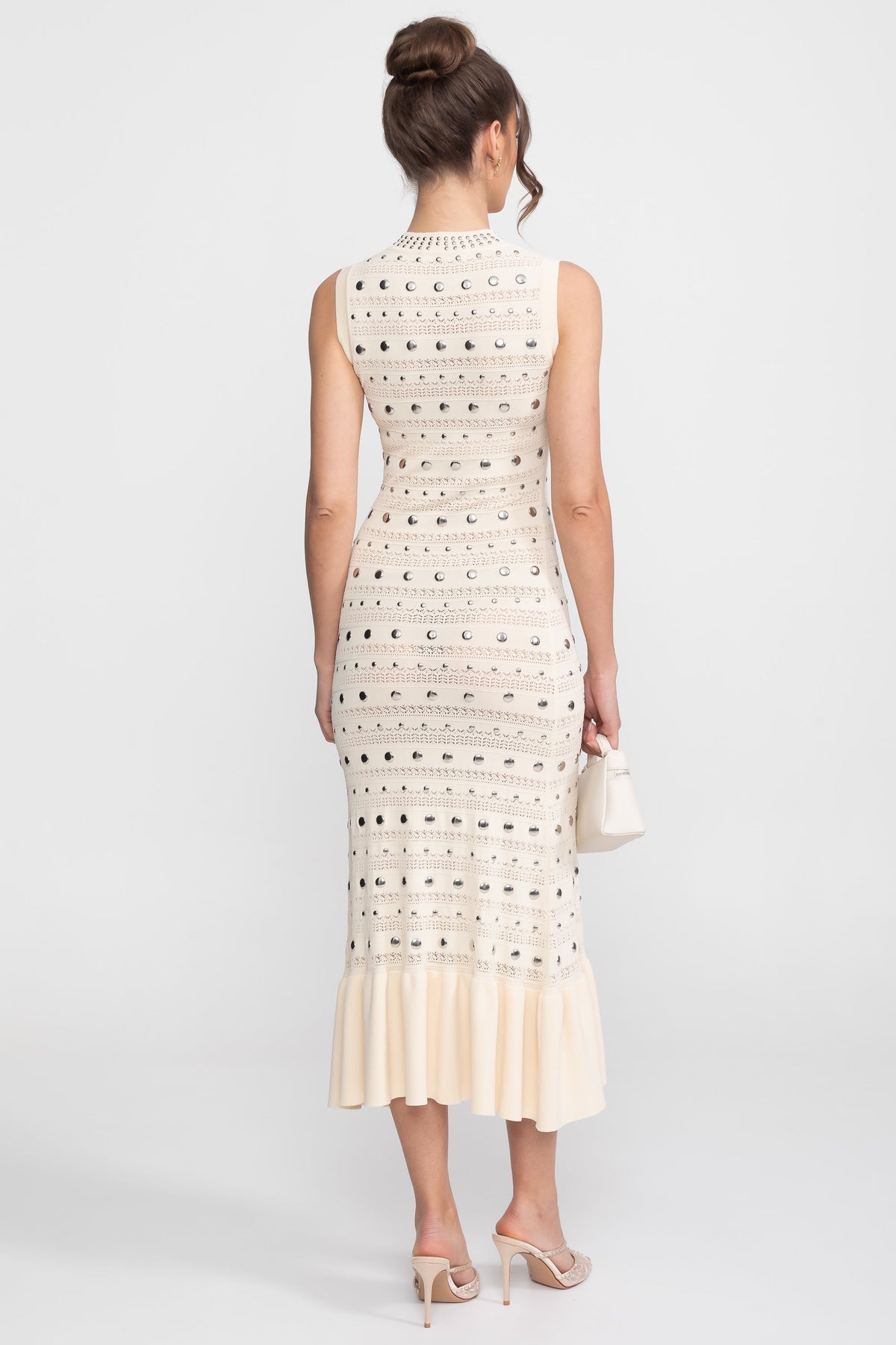 Embellished Knit Midi Dress With High Neck And Ruffle Hem - Cream - View 8
