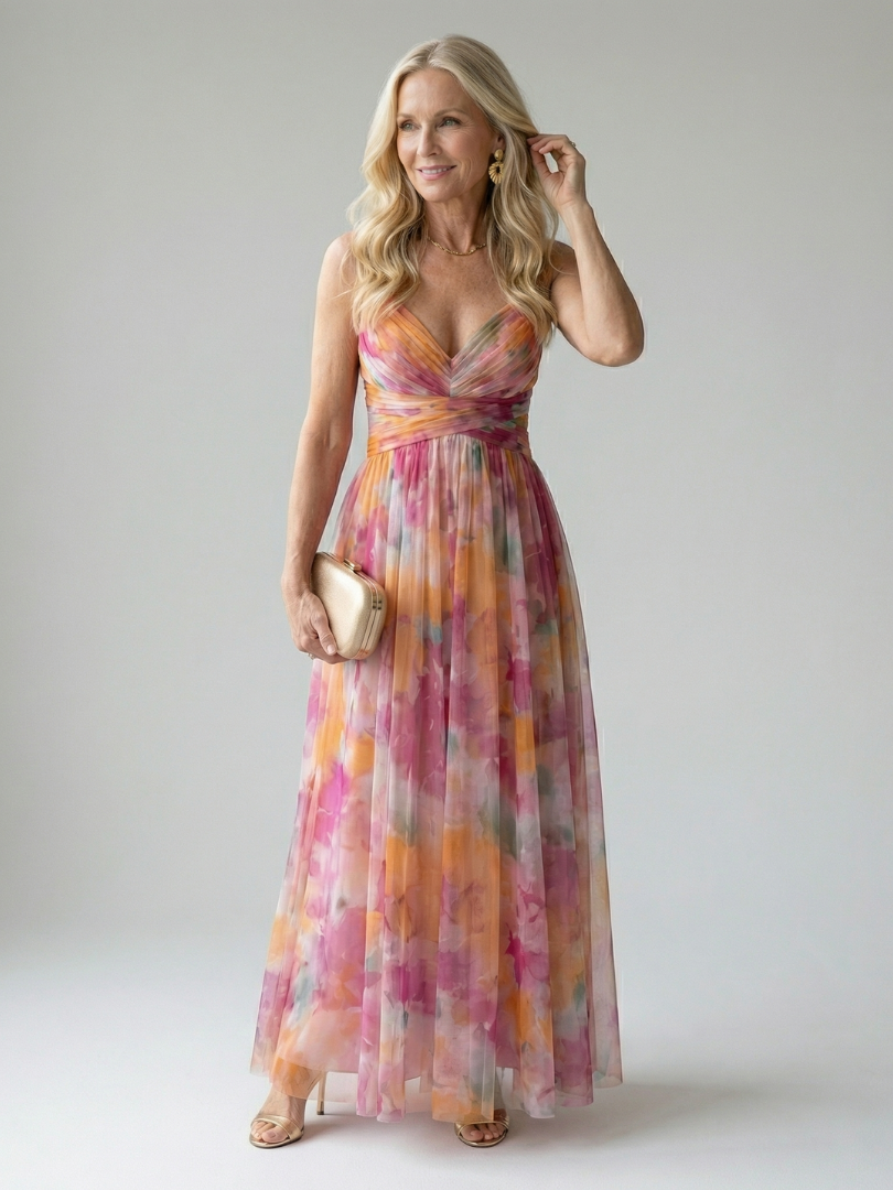 Floral Print V-Neck Ruched Waist Maxi Dress
