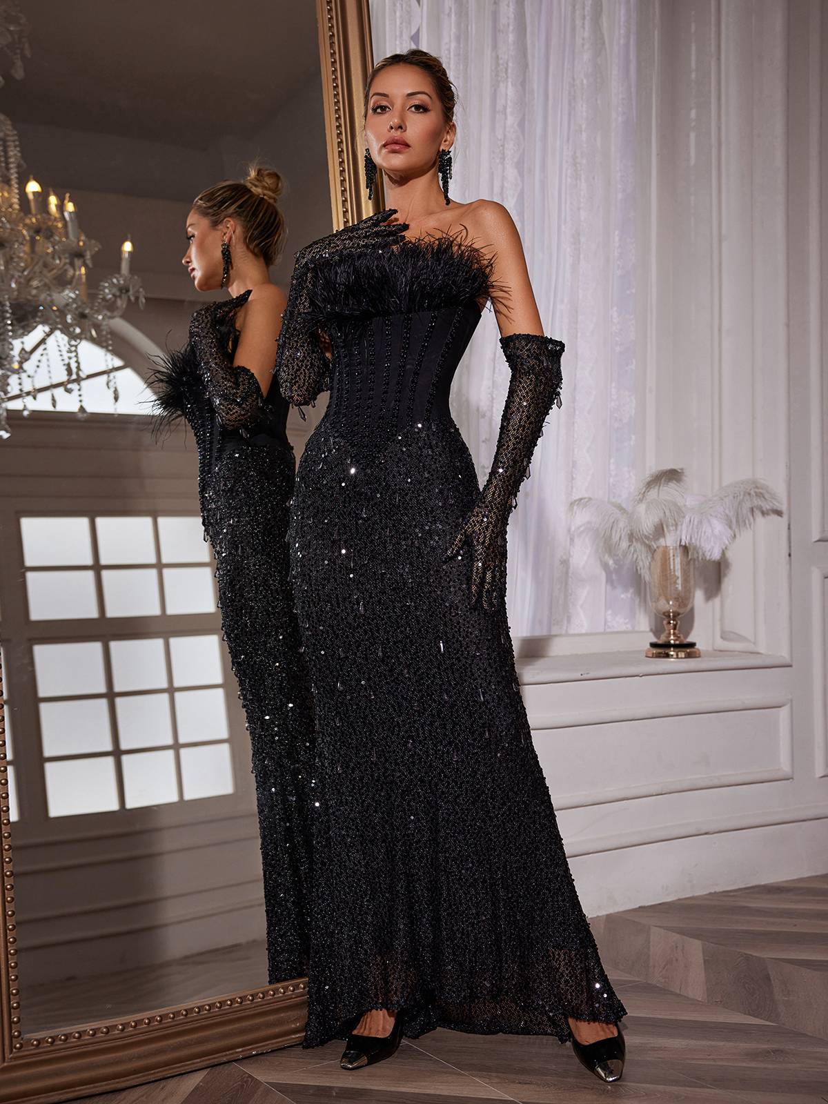 Sequin Strapless Feather Corset High Split Mermaid Maxi Dress - View 4