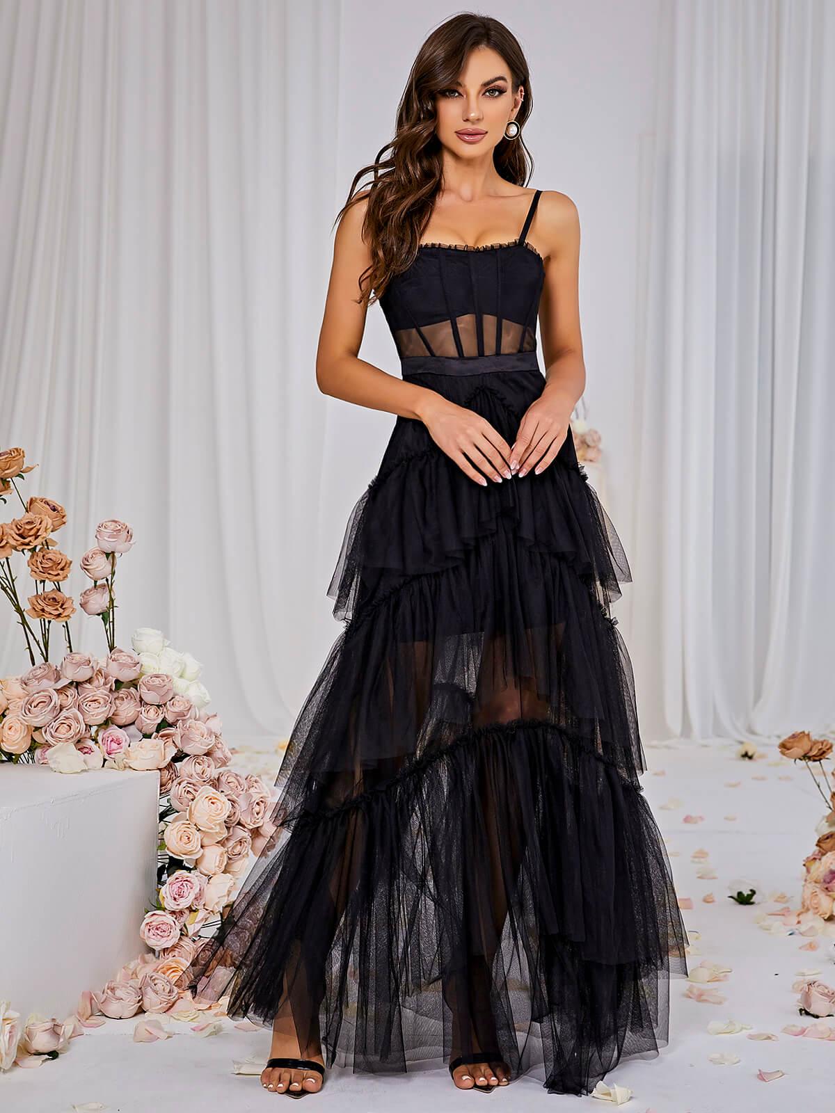 Inaya Mesh Maxi Dress In Black - View 3